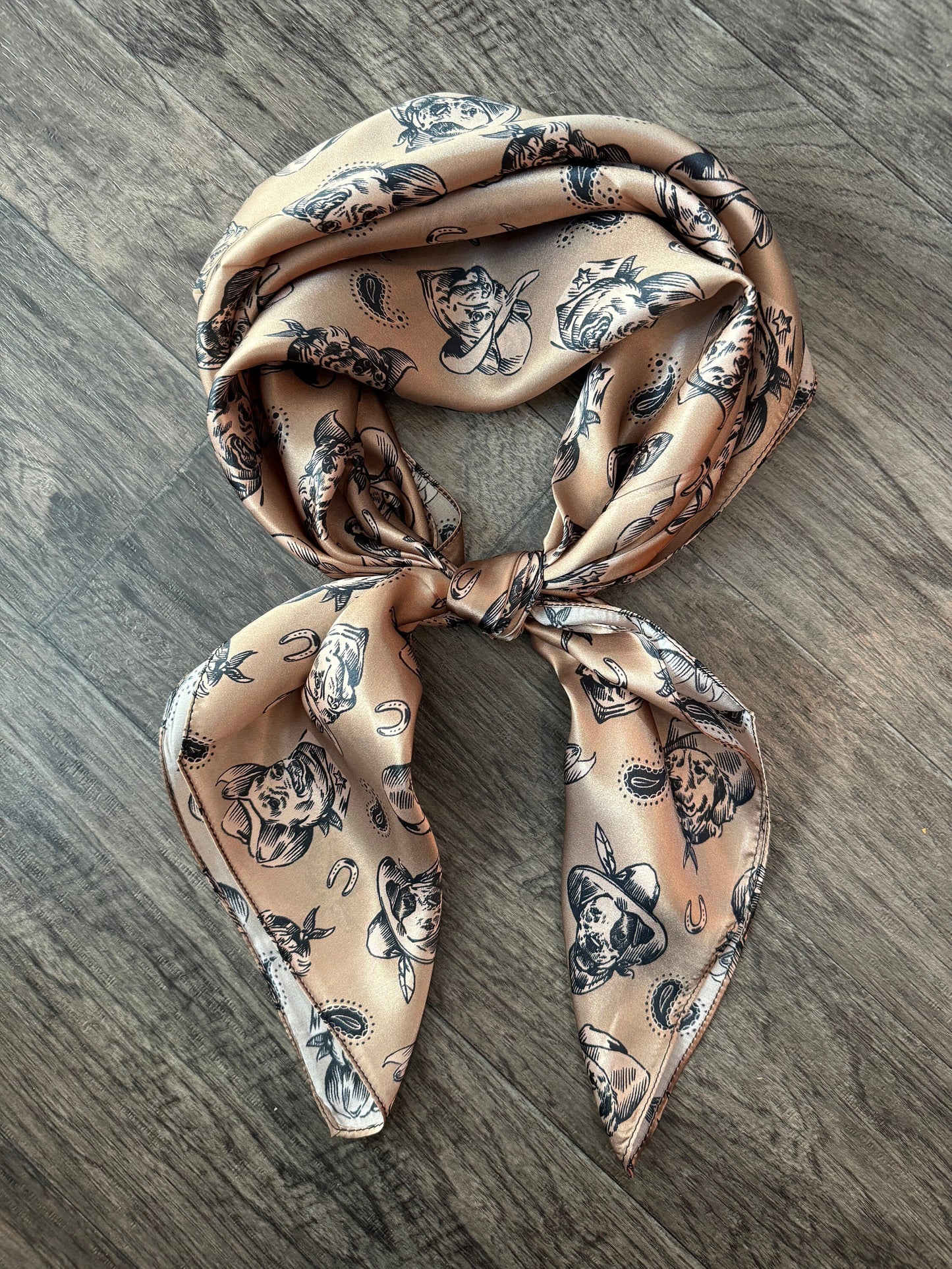 100% Silk Wild Rag “Cowboys Best Friend” by Double B Wild Rags Cowdog sketch’s on beige Corgi Frenchie Golden Retriever Jack Russel