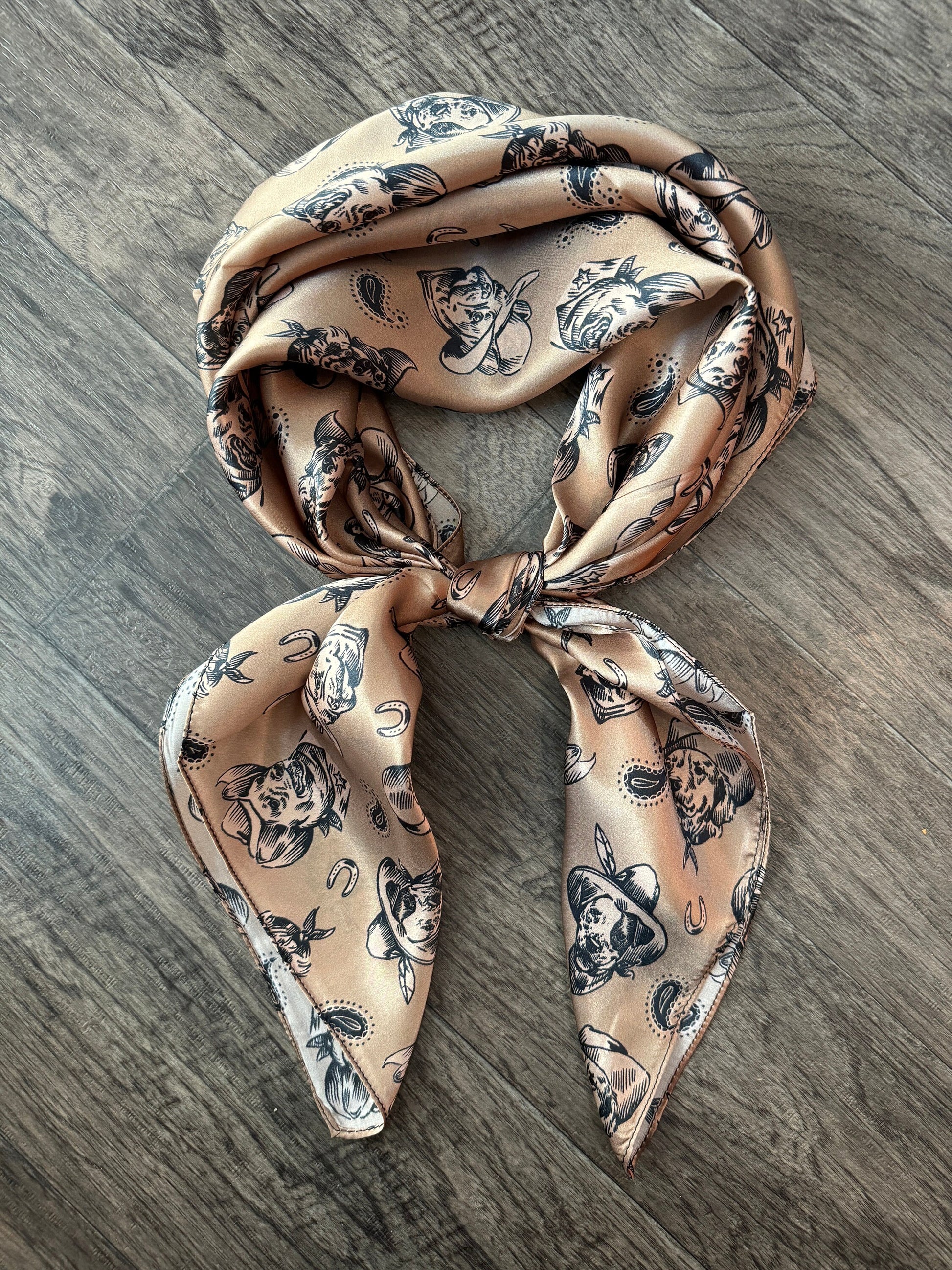 100% Silk Wild Rag “Cowboys Best Friend” by Double B Wild Rags Cowdog sketch’s on beige Corgi Frenchie Golden Retriever Jack Russel