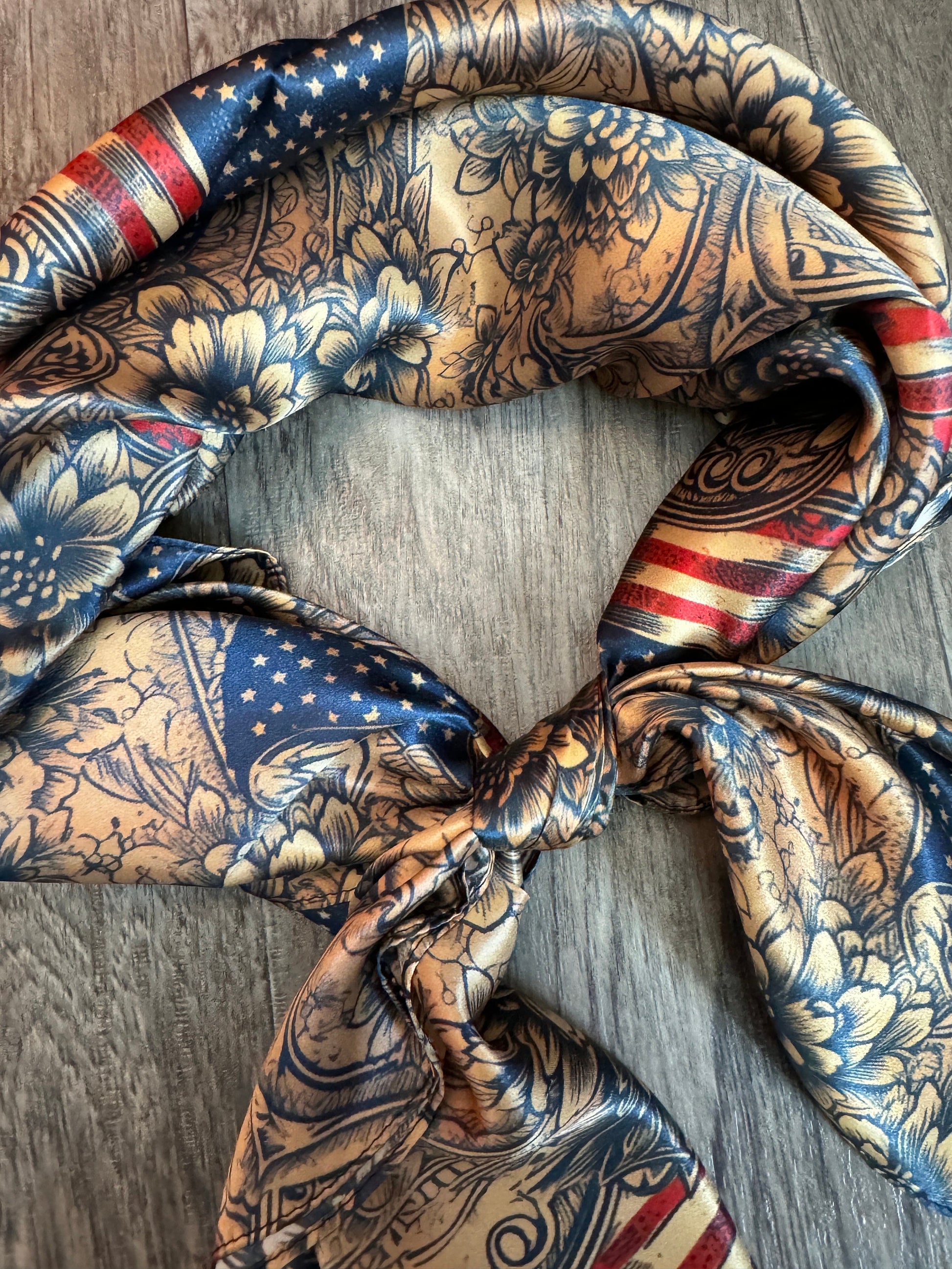 Wild Rag 100% Silk Patriotic Vintage Floral with American Flag Cowboy Western Neck Scarf Bandanna by Double B Wild Rags