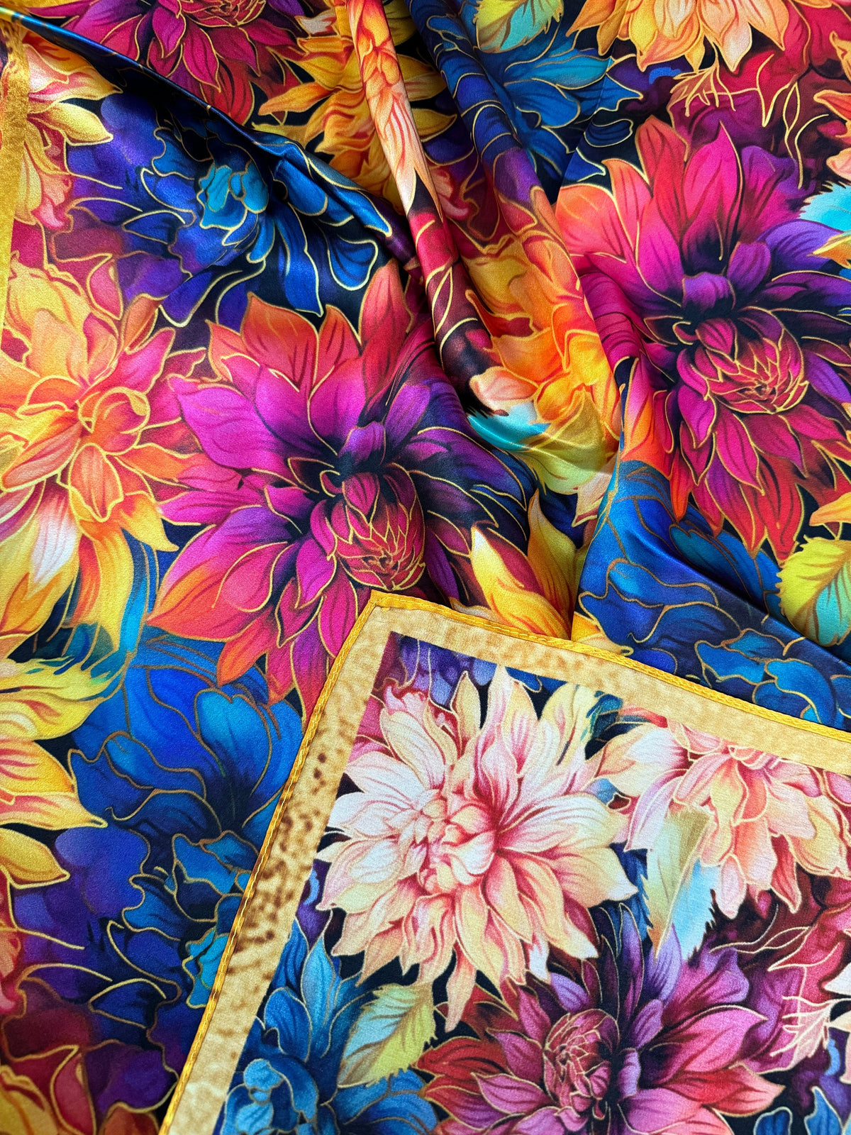 100% Silk Wild Rag “Golden Dahlias” pink purple blue orange yellow by Double B Wild Rags