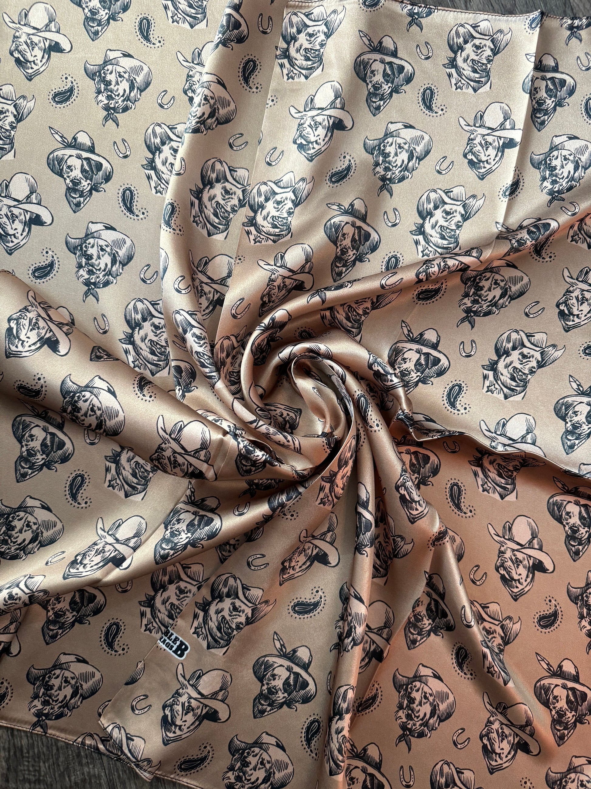100% Silk Wild Rag “Cowboys Best Friend” by Double B Wild Rags Cowdog sketch’s on beige Corgi Frenchie Golden Retriever Jack Russel