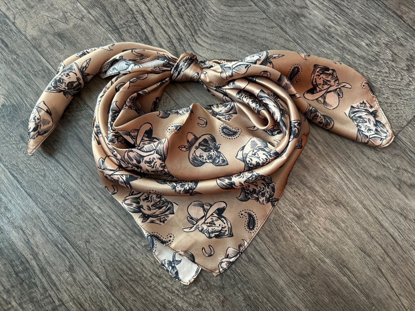 100% Silk Wild Rag “Cowboys Best Friend” by Double B Wild Rags Cowdog sketch’s on beige Corgi Frenchie Golden Retriever Jack Russel