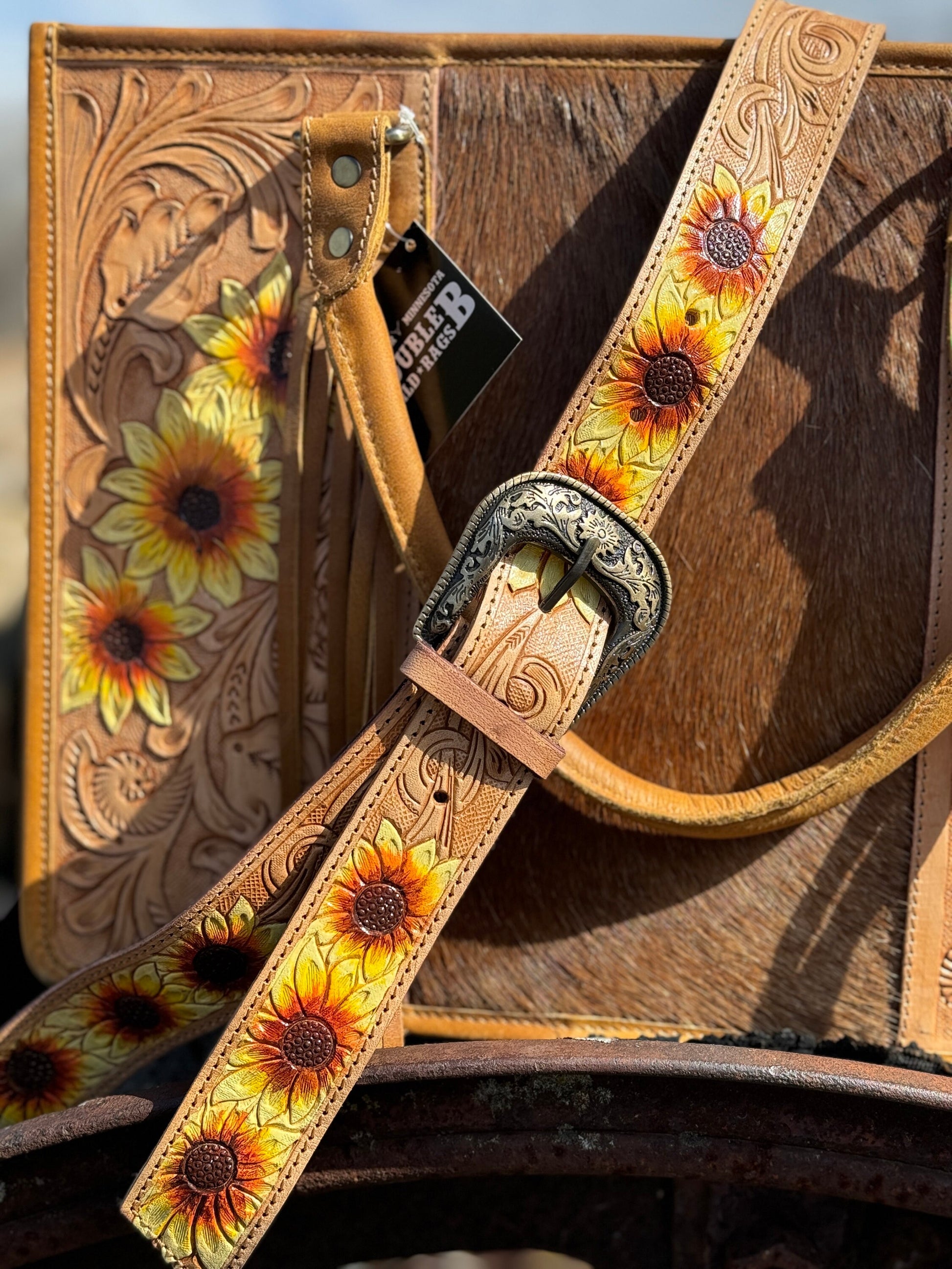 Western Conceal and Carry Sunflower Tooled Blonde Leather briefcase shoulder handbag Double B Wild Rags