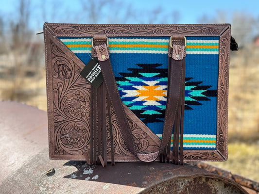Western Conceal and Carry Blue Saddle Blanket Floral Tooled Dark Brown Leather briefcase rectangular shoulder handbag Double B Wild Rags