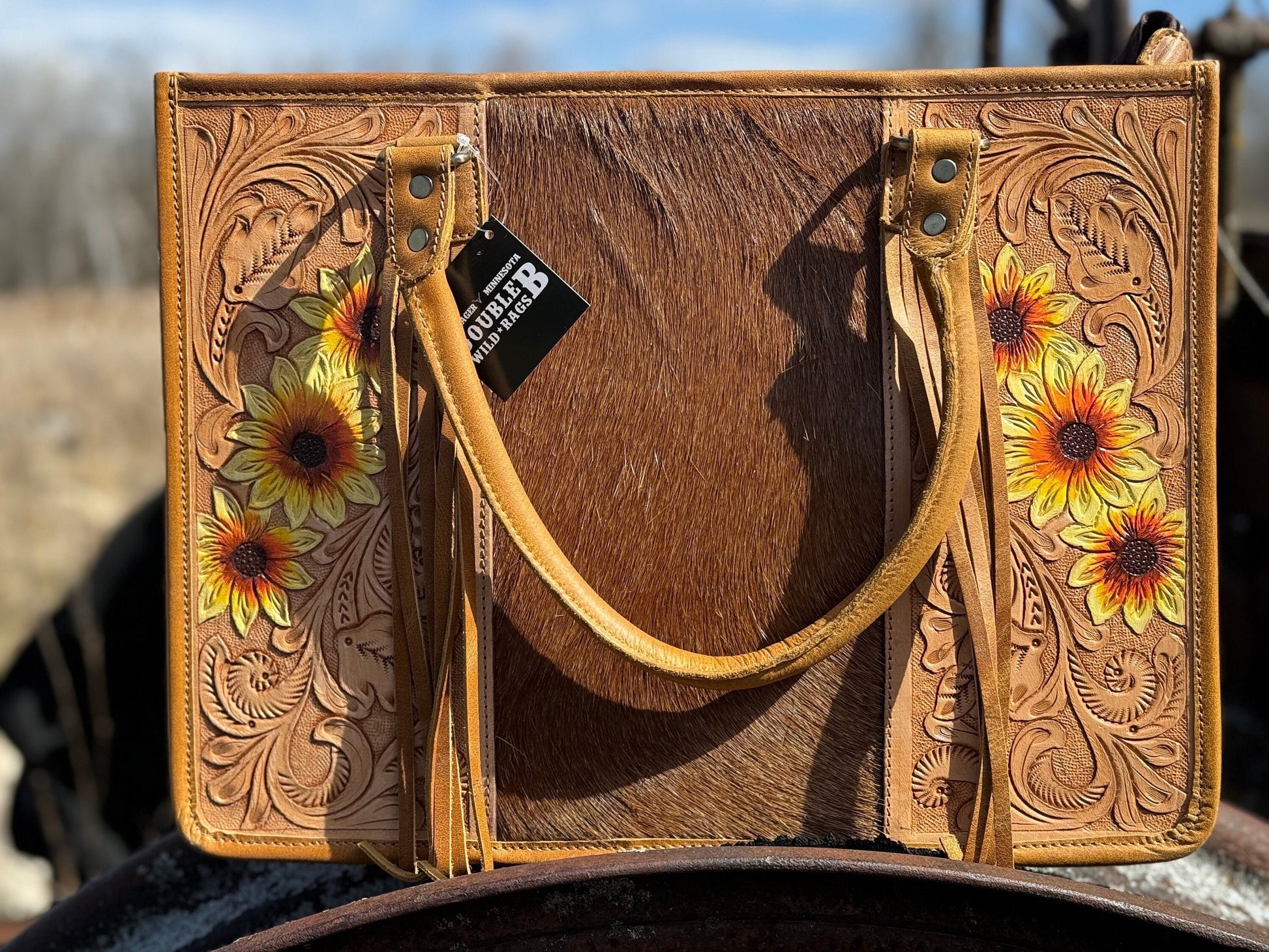 Western Conceal and Carry Sunflower Tooled Blonde Leather briefcase shoulder handbag Double B Wild Rags