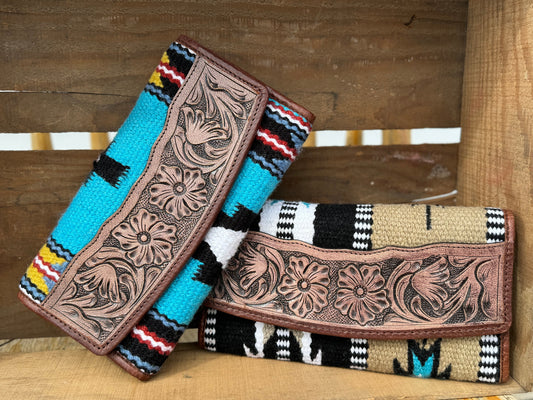 Western wallet double snap closure tooled floral leather and woven saddle blanket details by Double B Wild Rags