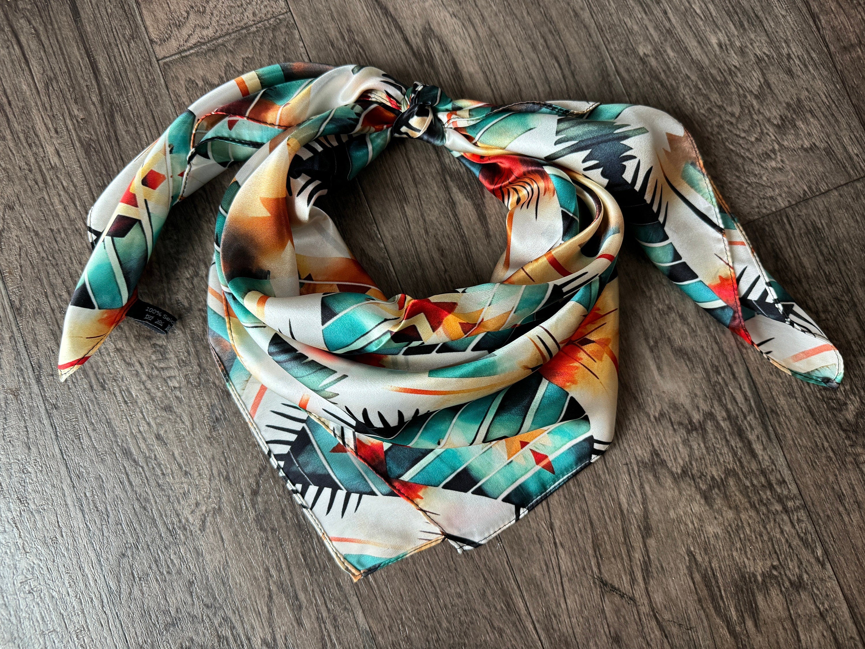 100% Silk Wild Rag Aztec Native Orange Teal and White by Double B Wild ...