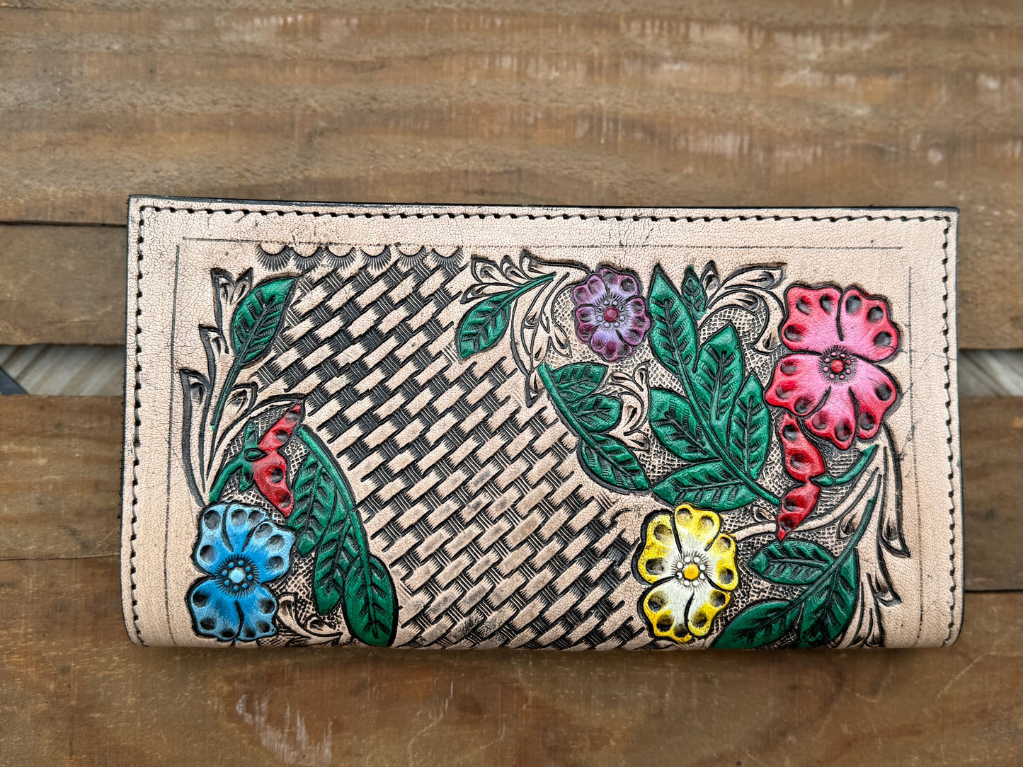 Western long wallet snap closure tooled floral leather details in black by Double B Wild Rags