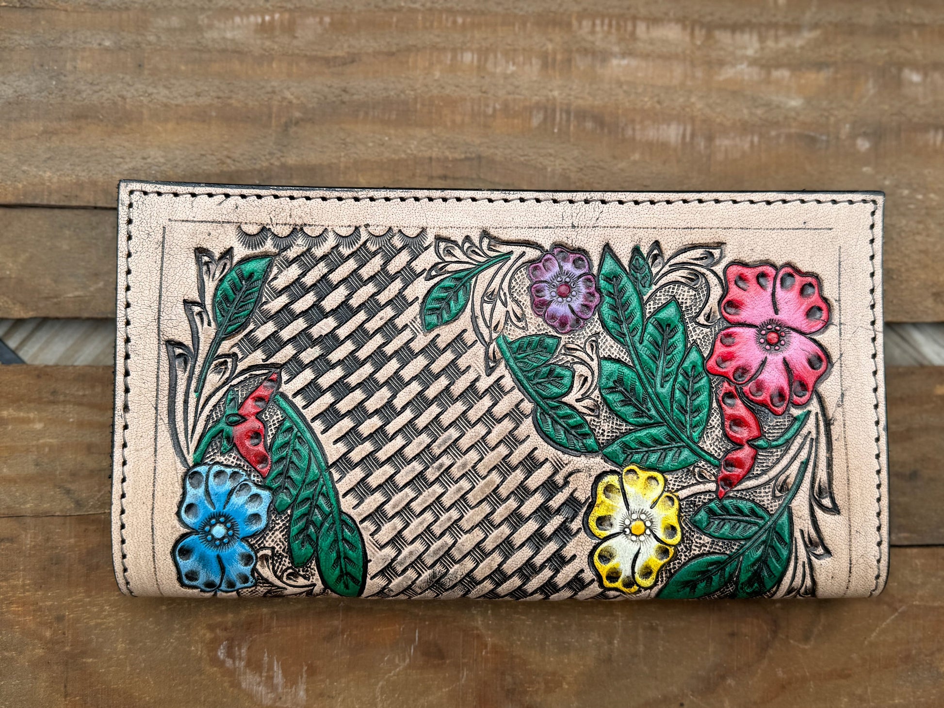 Western long wallet snap closure tooled floral leather details in black by Double B Wild Rags