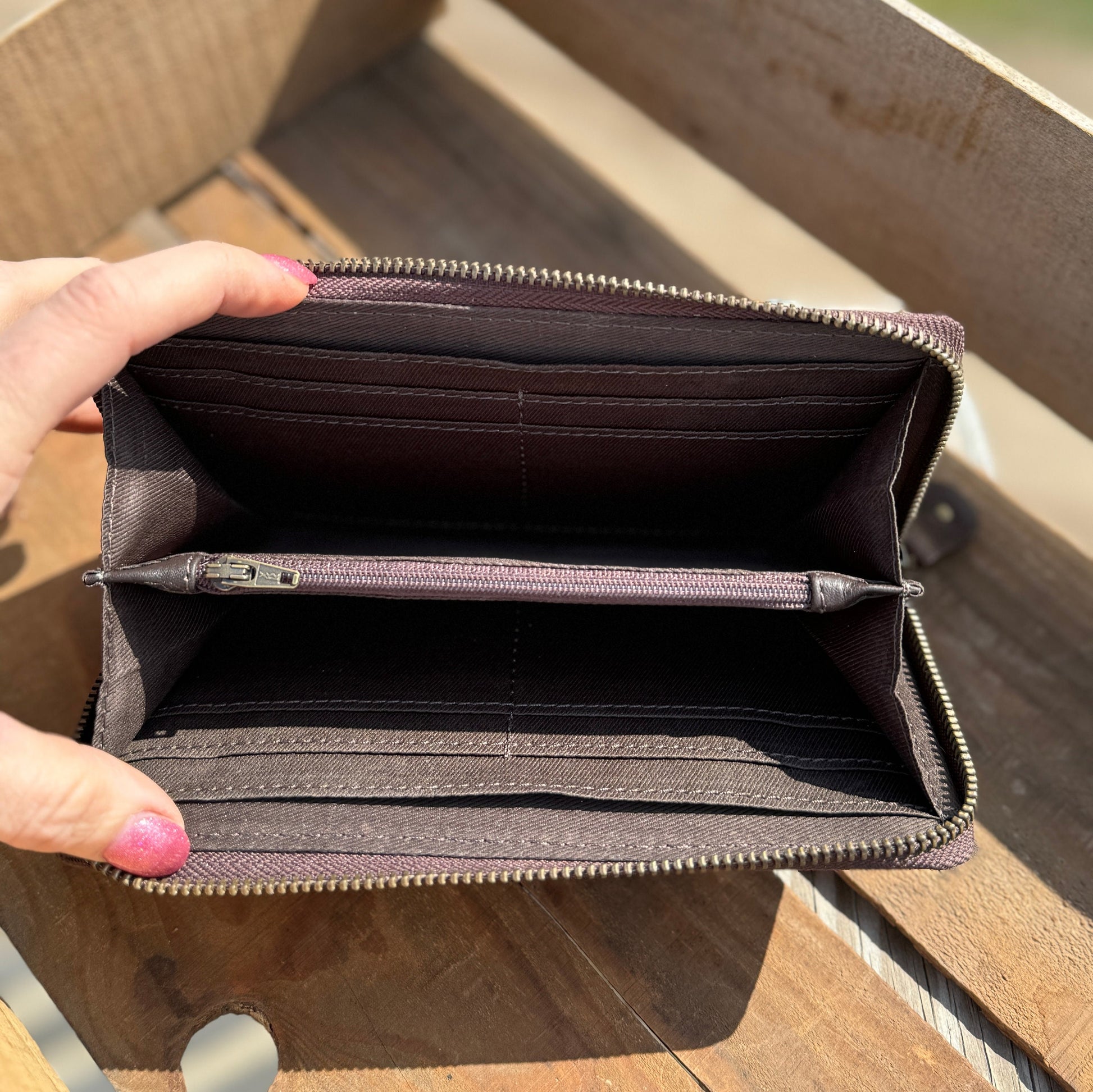 Western Checkbook wallet zipper closure tooled floral leather details by Double B Wild Rags