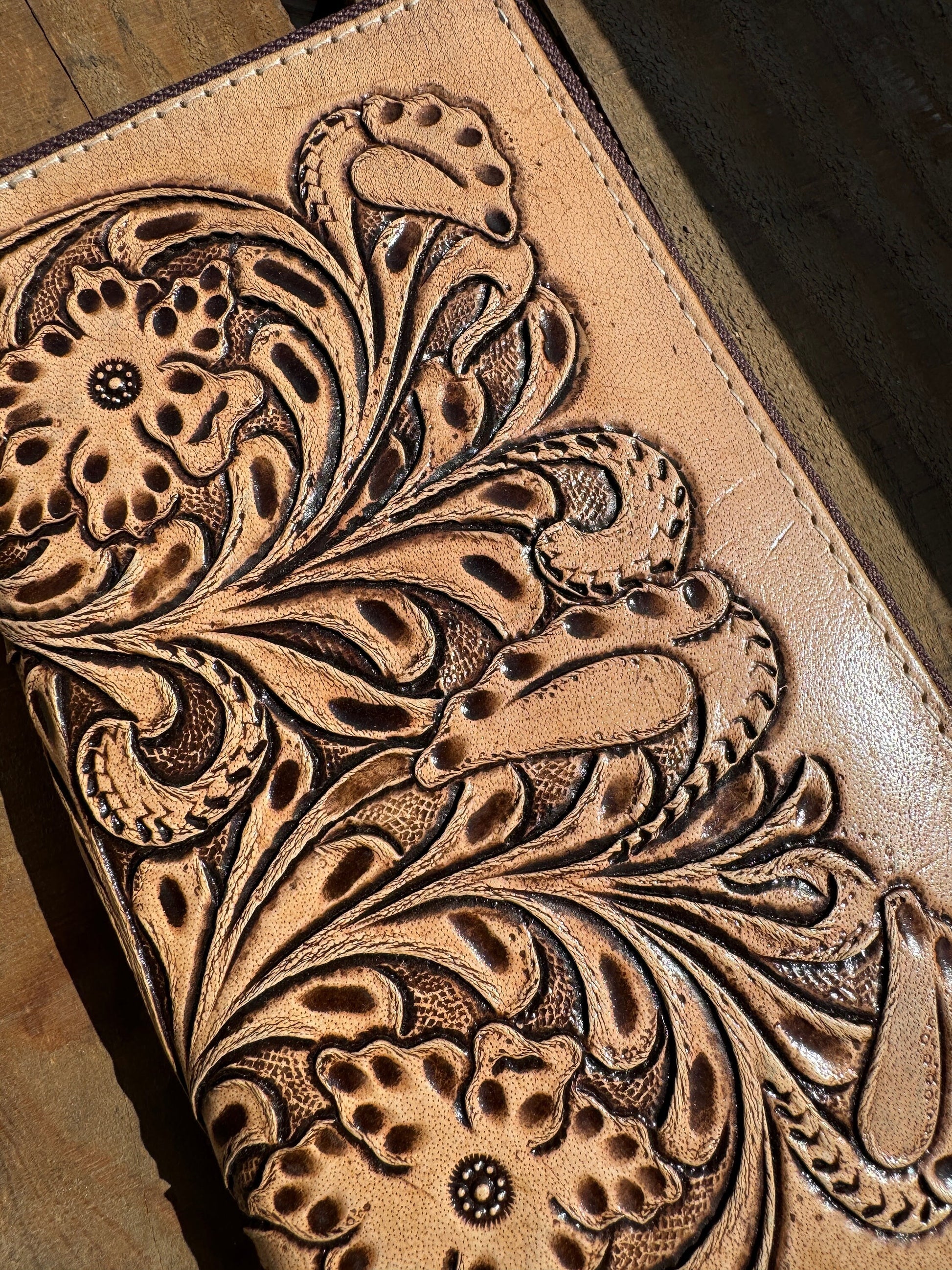 Western Checkbook wallet zipper closure tooled floral leather details by Double B Wild Rags