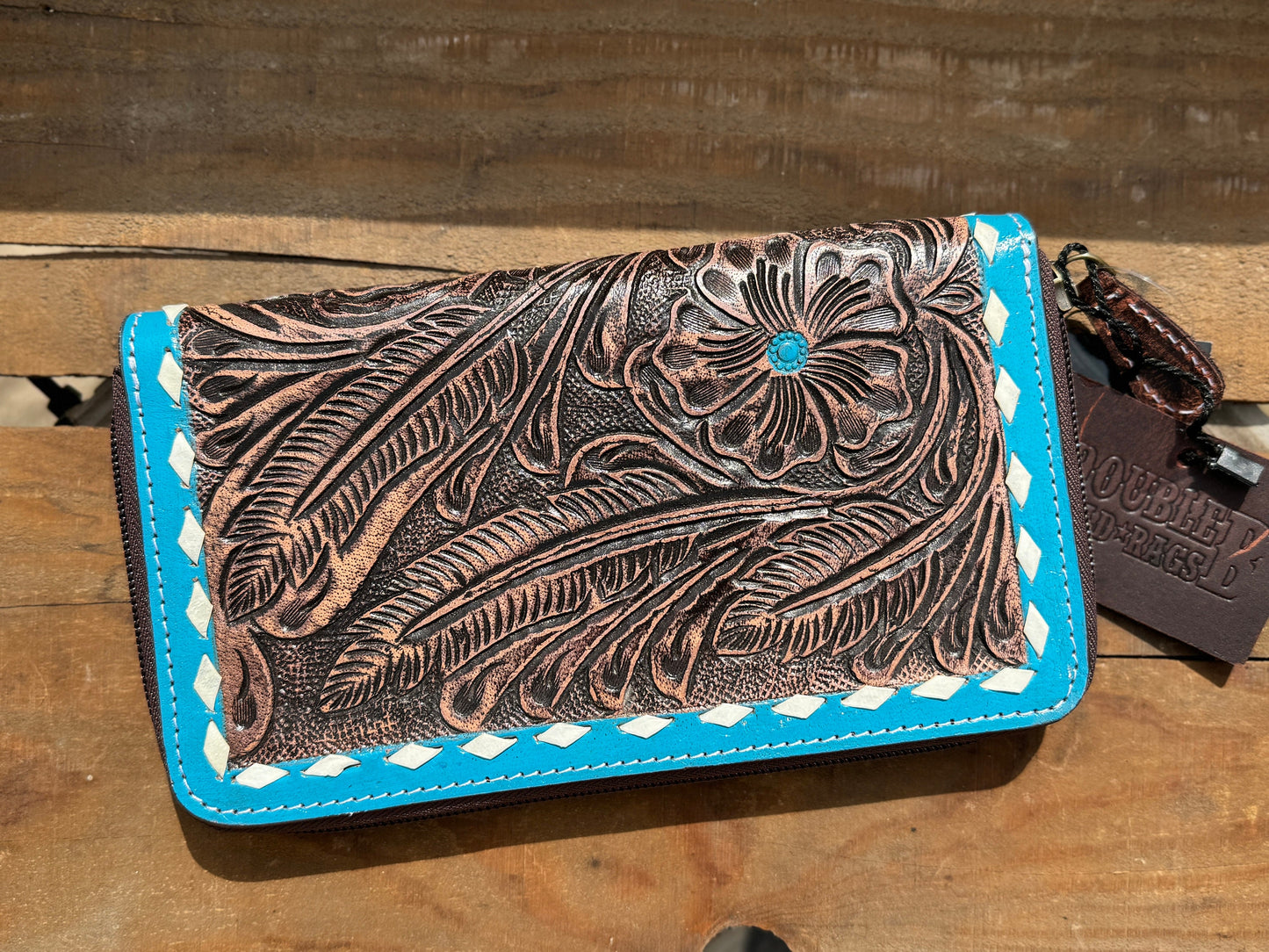 Western wallet zipper closure tooled floral leather turquoise details by Double B Wild Rags