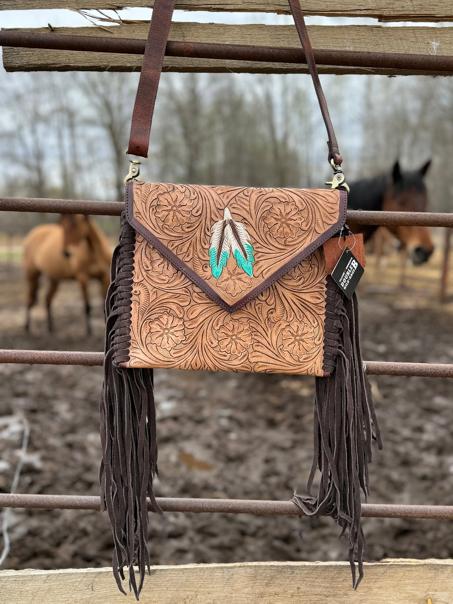Genuine Western Cowgirl Leather Purse with Tooled floral or feather details by Double B Wild Rags