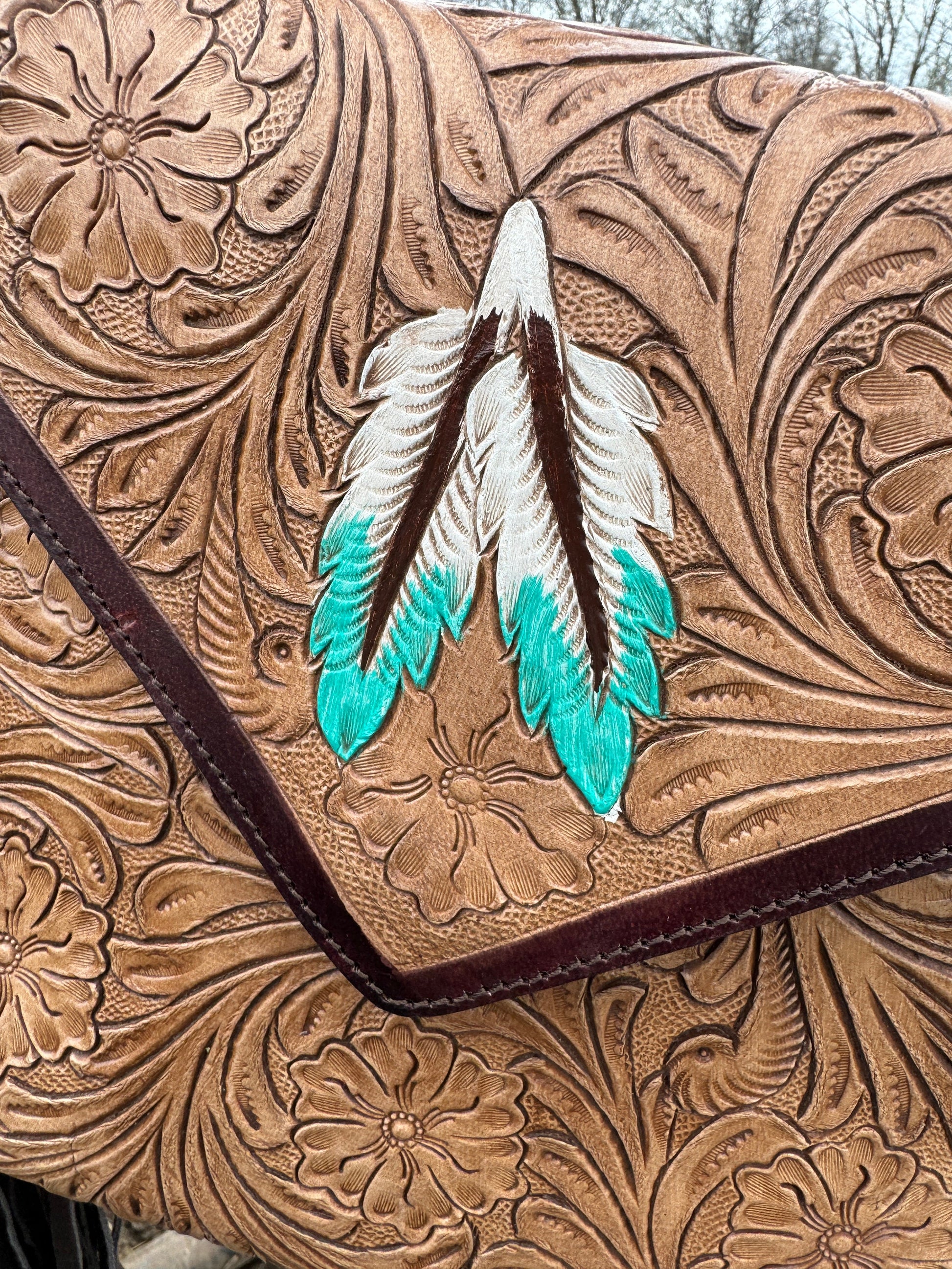 Genuine Western Cowgirl Leather Purse with Tooled floral or feather details by Double B Wild Rags