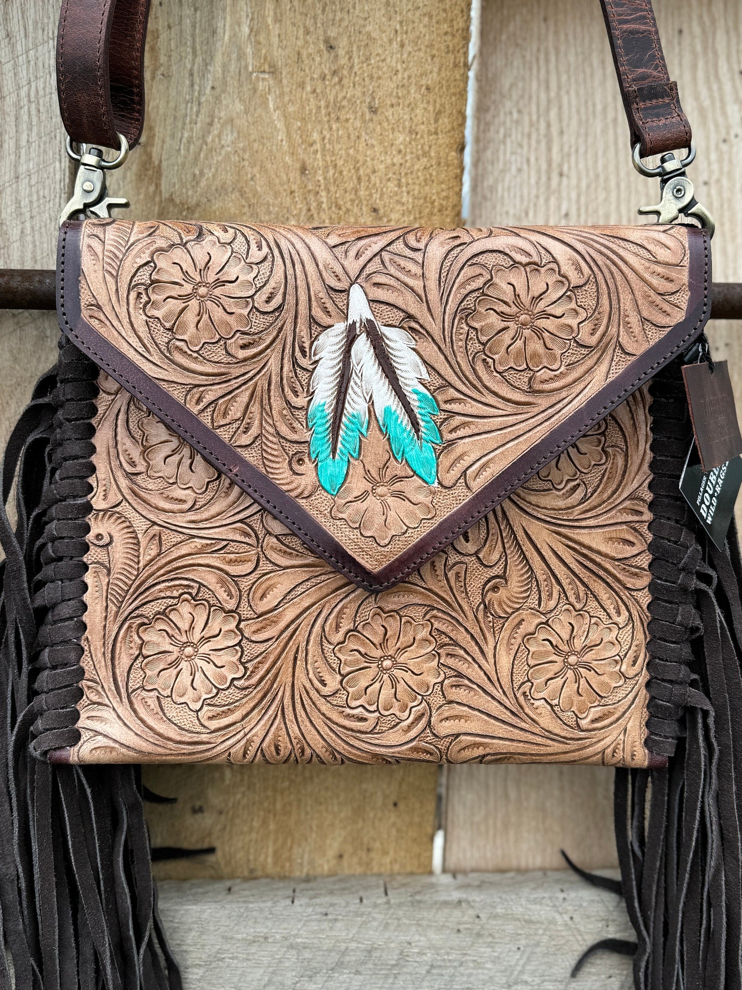 Genuine Western Cowgirl Leather Purse with Tooled floral or feather details by Double B Wild Rags