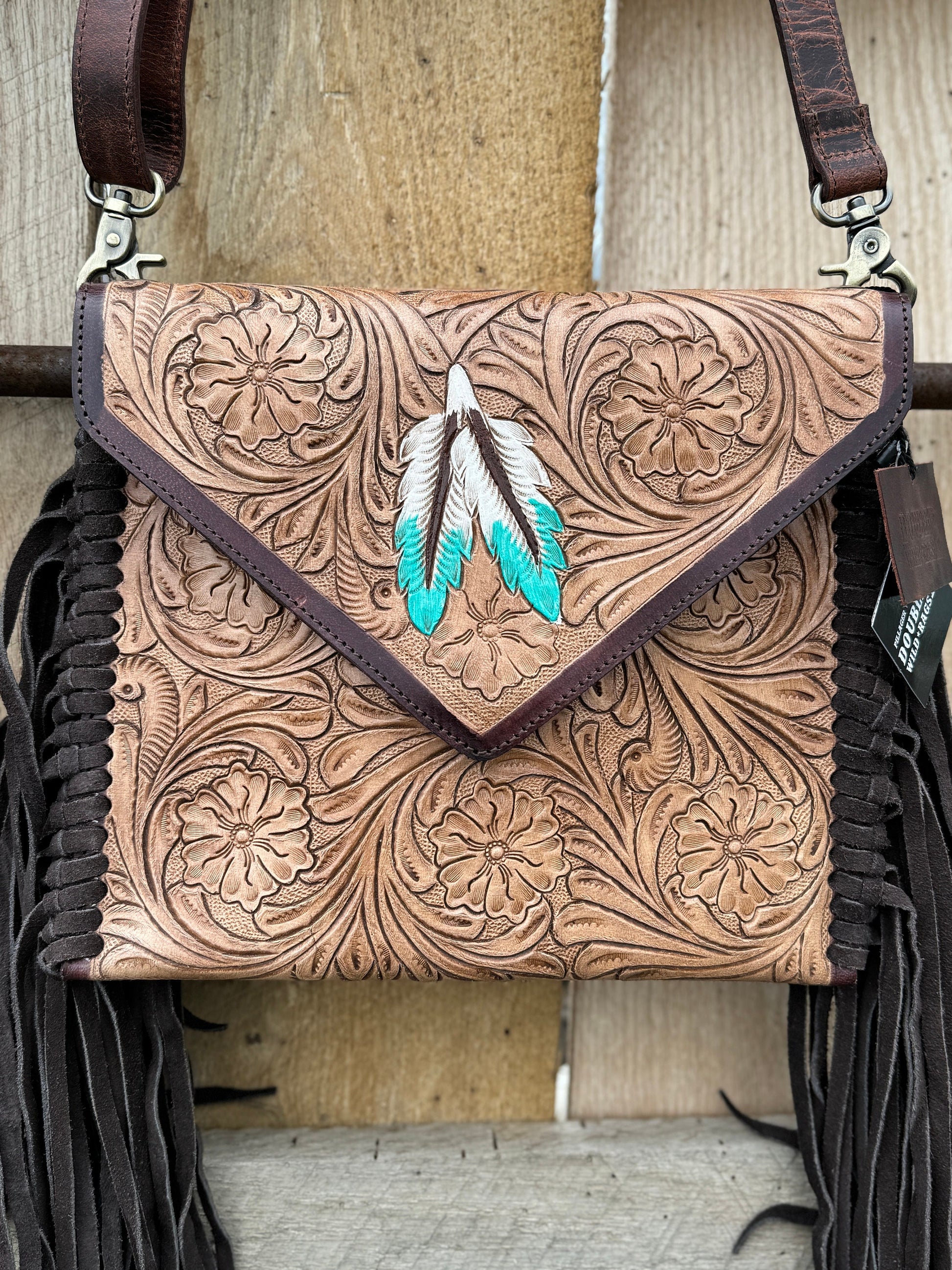 Genuine Western Cowgirl Leather Purse with Tooled floral or feather details by Double B Wild Rags