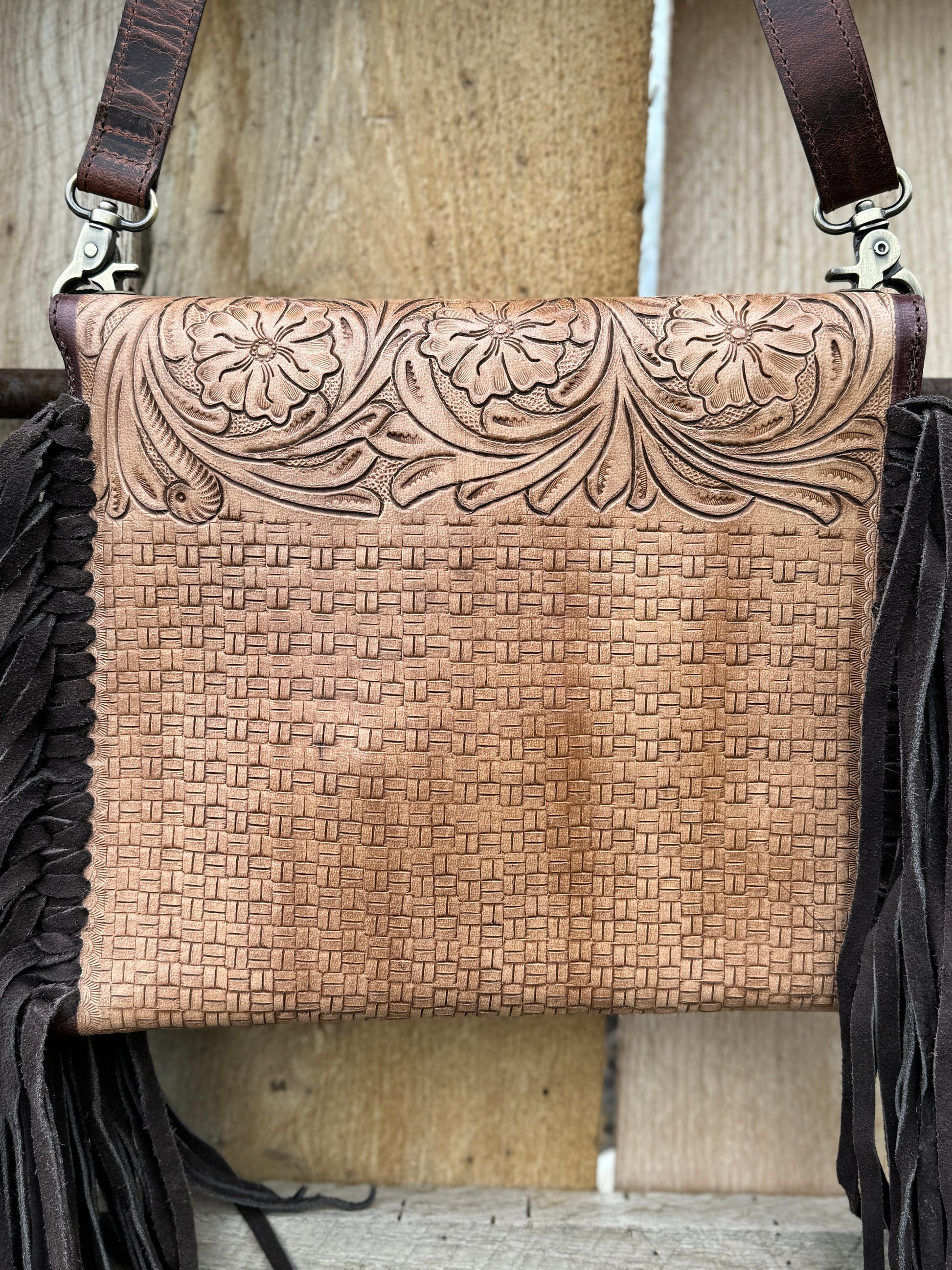 Genuine Western Cowgirl Leather Purse with Tooled floral or feather details by Double B Wild Rags