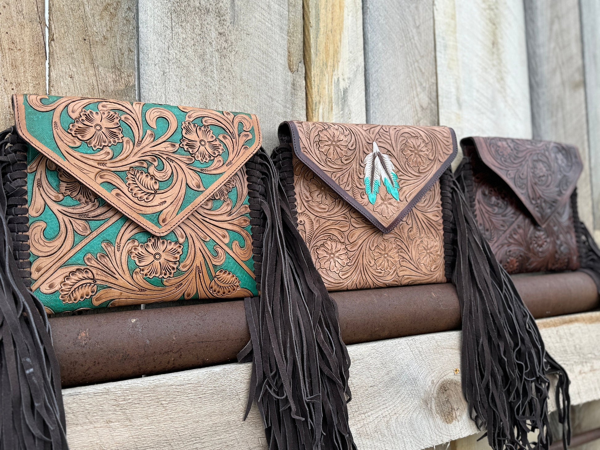 Genuine Western Cowgirl Leather Purse with Tooled floral or feather details by Double B Wild Rags