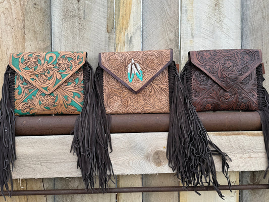 Genuine Western Cowgirl Leather Purse with Tooled floral or feather details by Double B Wild Rags