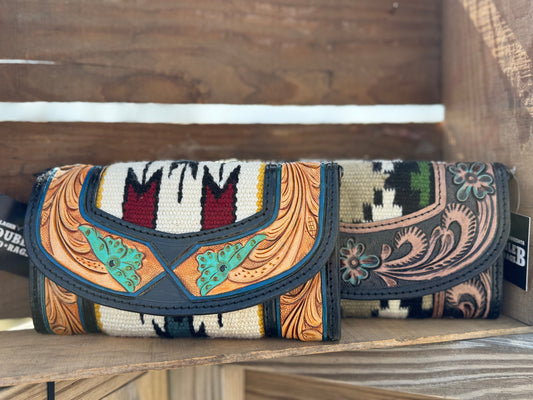 Western wallet with tooled floral leather and woven saddle blanket details by Double B Wild Rags