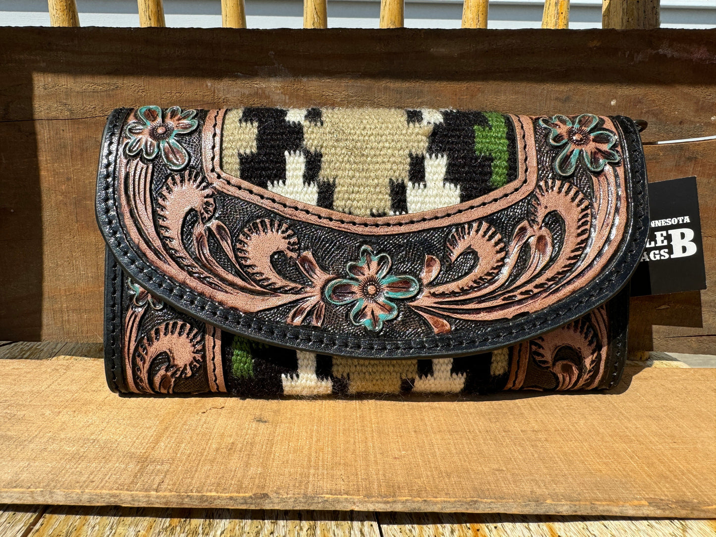 Western wallet with tooled floral leather and woven saddle blanket details by Double B Wild Rags