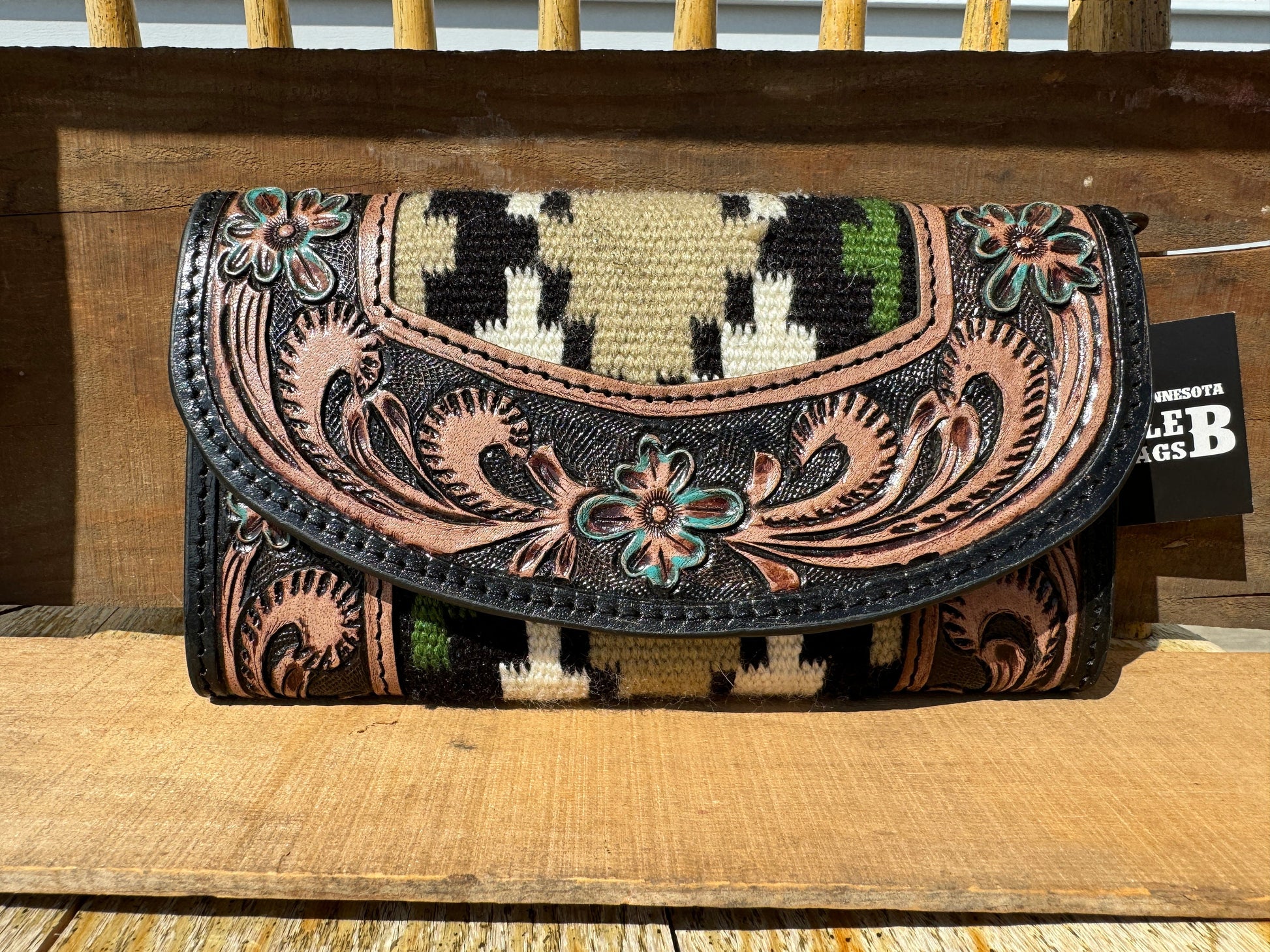 Western wallet with tooled floral leather and woven saddle blanket details by Double B Wild Rags