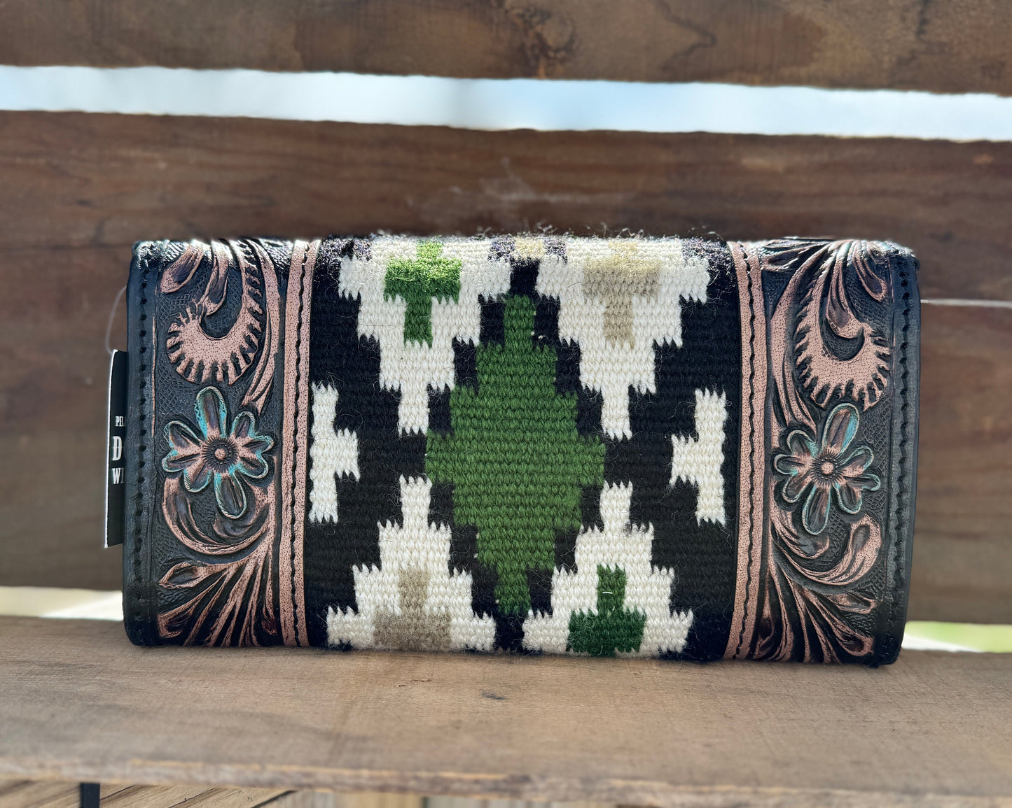 Western wallet with tooled floral leather and woven saddle blanket details by Double B Wild Rags