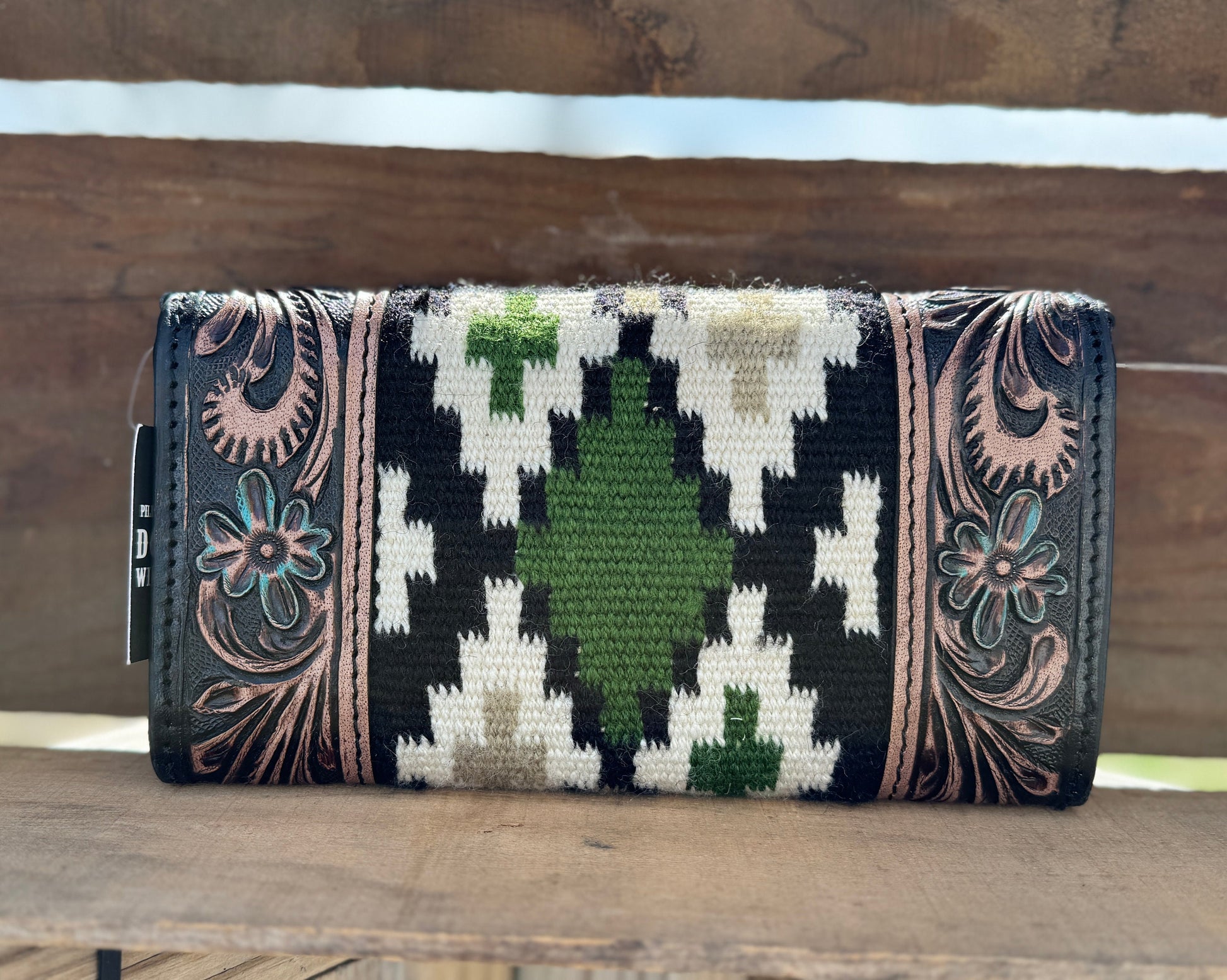 Western wallet with tooled floral leather and woven saddle blanket details by Double B Wild Rags