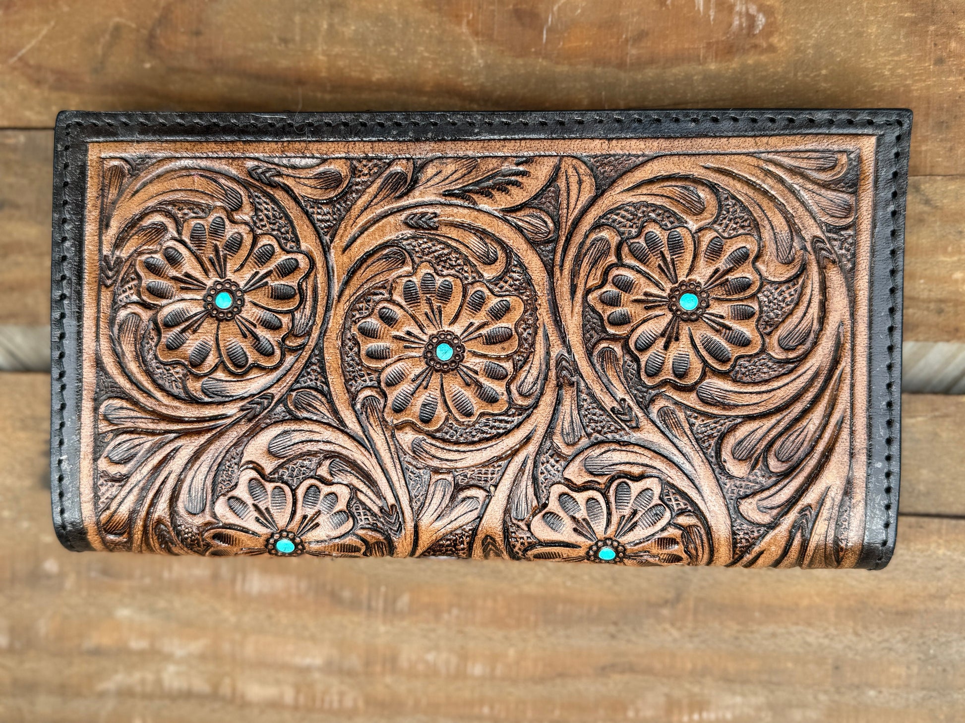 Western long wallet snap closure tooled floral leather details in black by Double B Wild Rags