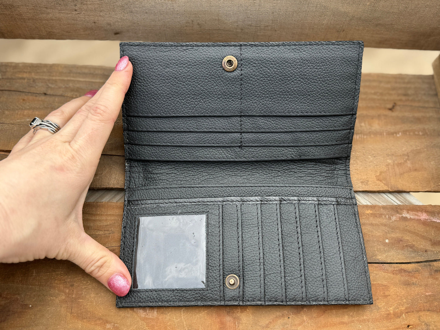 Western long wallet snap closure tooled floral leather details in black by Double B Wild Rags