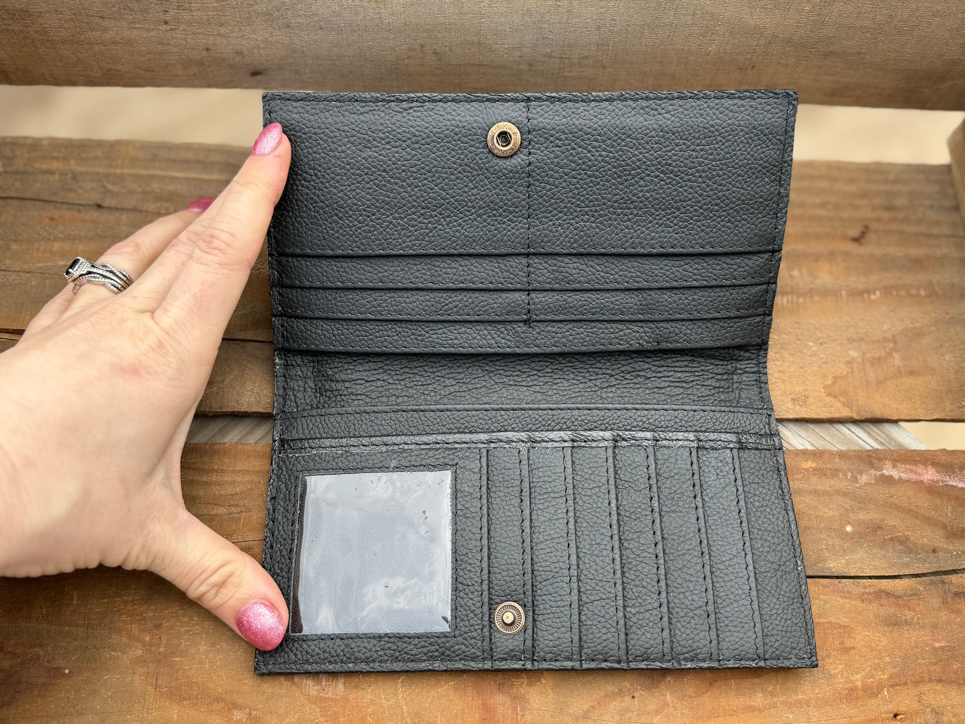 Western long wallet snap closure tooled floral leather details in black by Double B Wild Rags