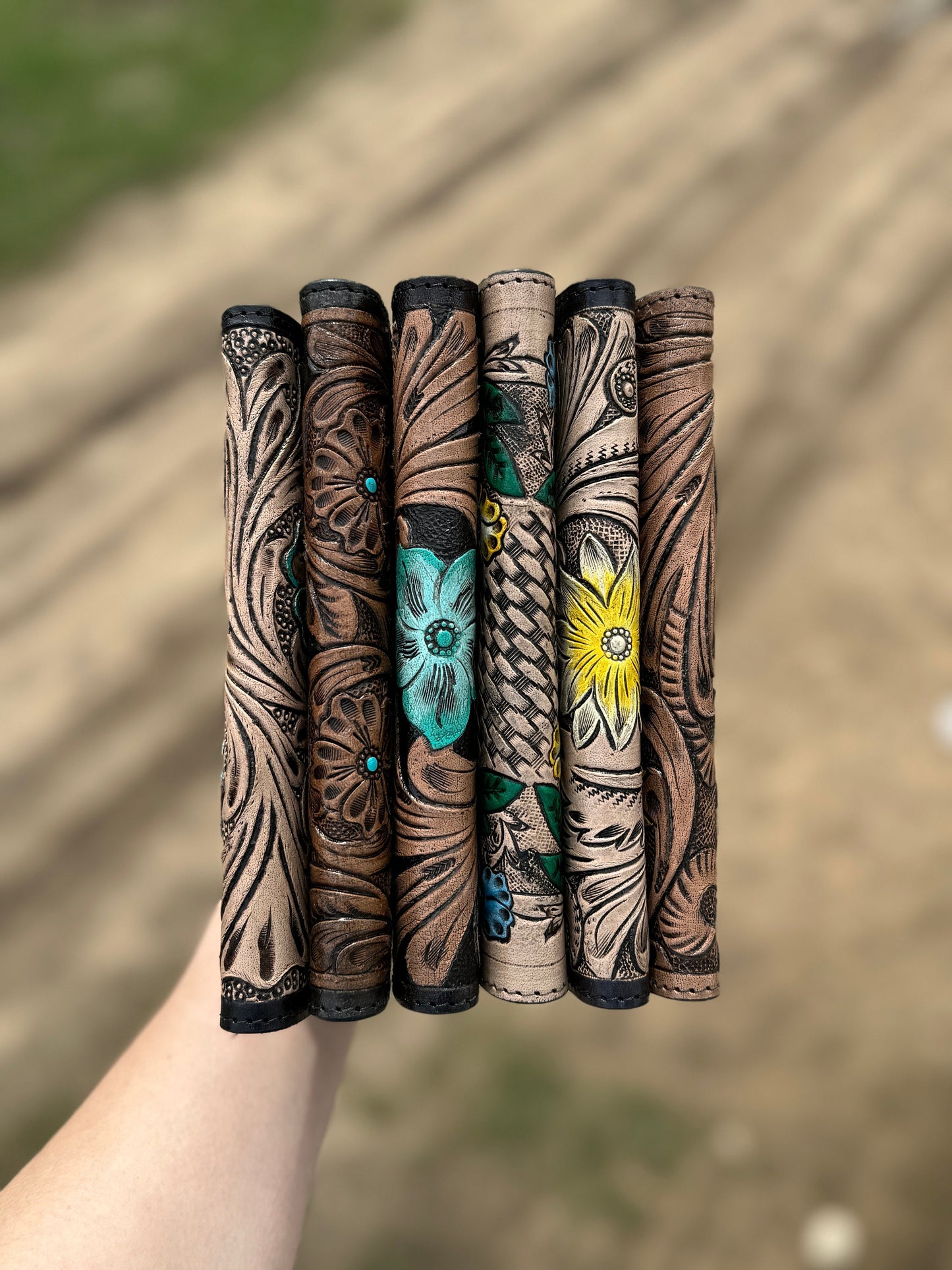 Western long wallet snap closure tooled floral leather details in black by Double B Wild Rags