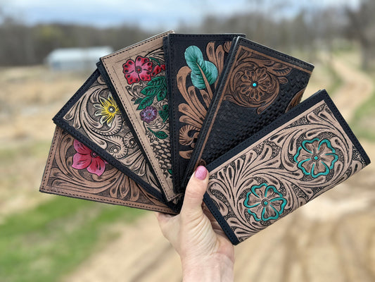 Western long wallet snap closure tooled floral leather details in black by Double B Wild Rags