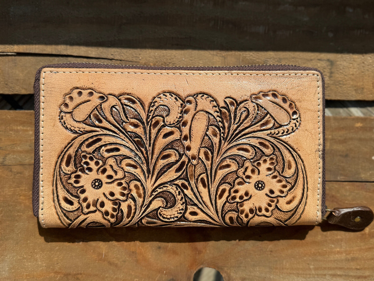 Western Checkbook wallet zipper closure tooled floral leather details by Double B Wild Rags