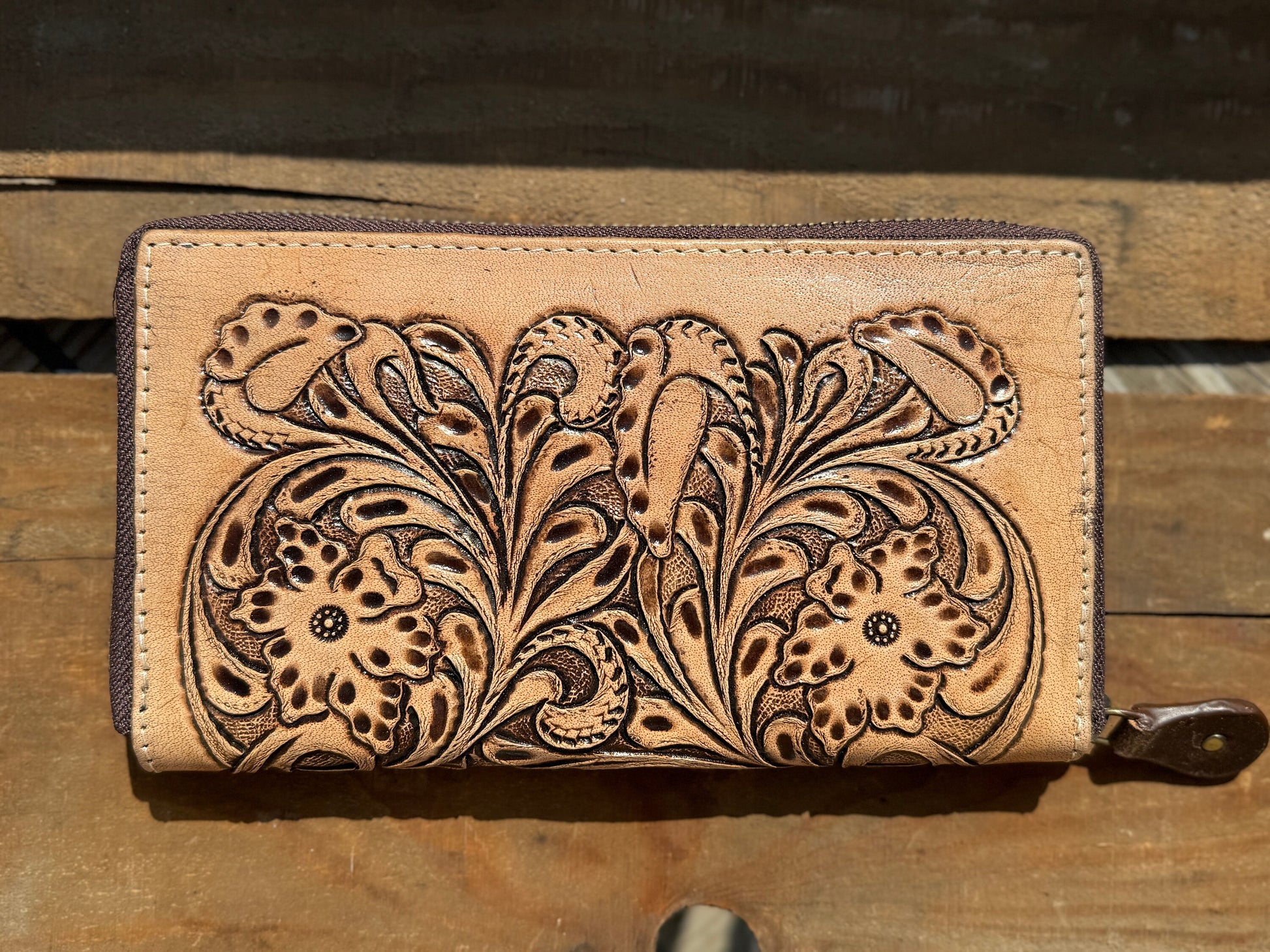 Western Checkbook wallet zipper closure tooled floral leather details by Double B Wild Rags