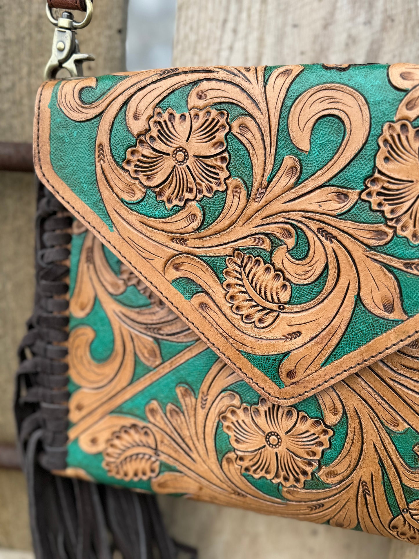 Genuine Western Cowgirl Leather Purse with Tooled floral or feather details by Double B Wild Rags