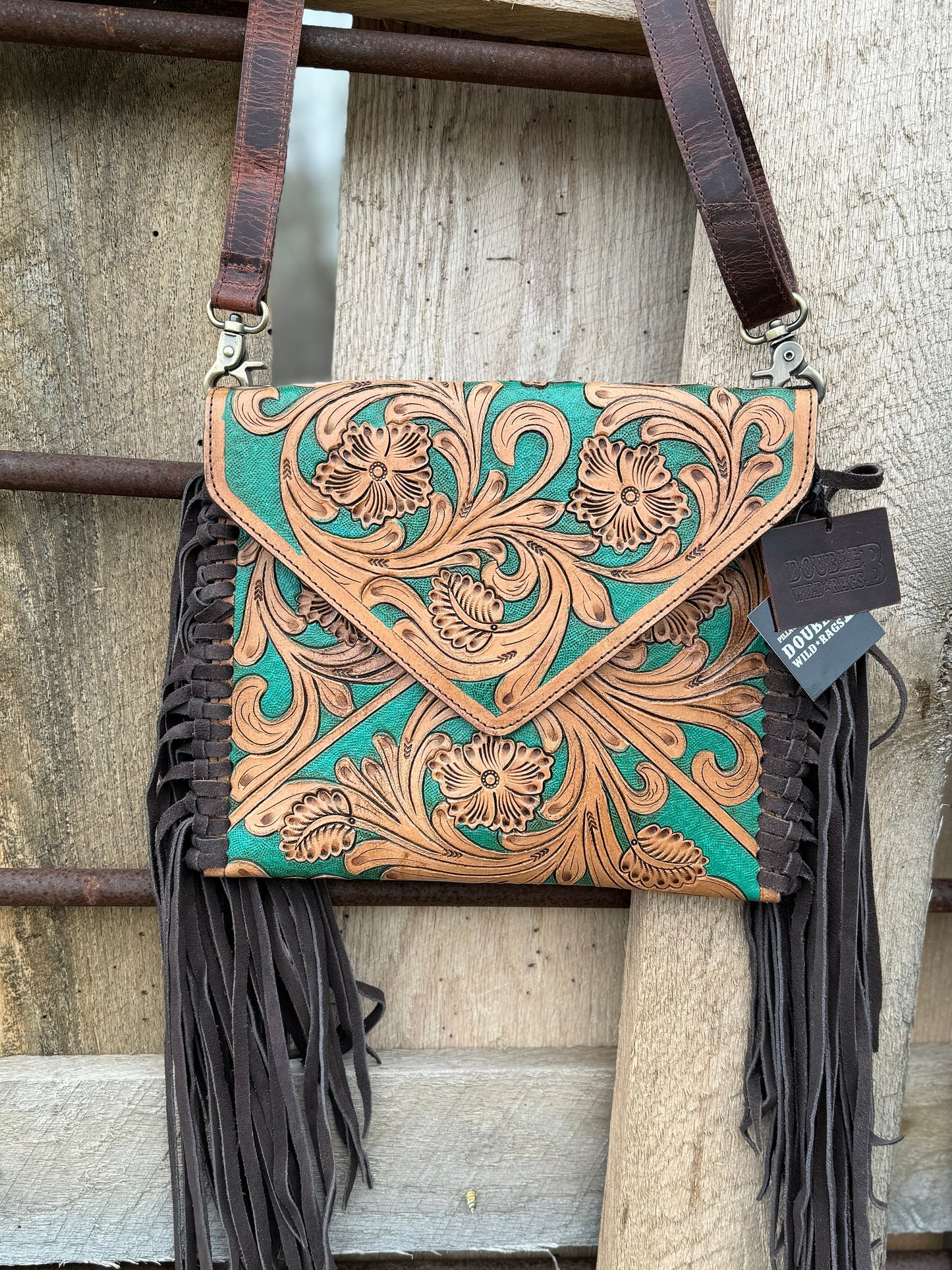 Genuine Western Cowgirl Leather Purse with Tooled floral or feather details by Double B Wild Rags
