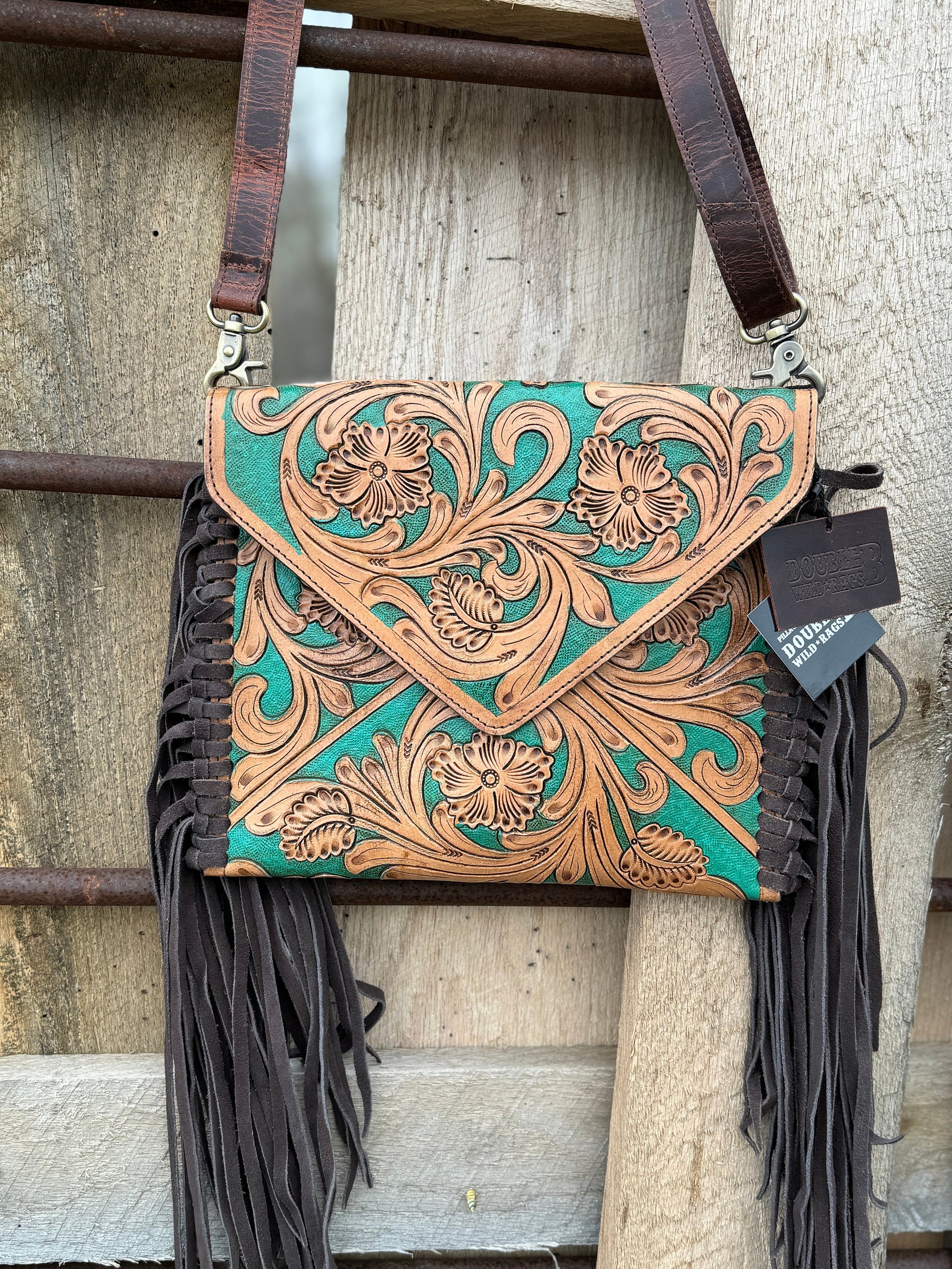 Genuine Western Cowgirl Leather Purse with Tooled floral or feather details by Double B Wild Rags