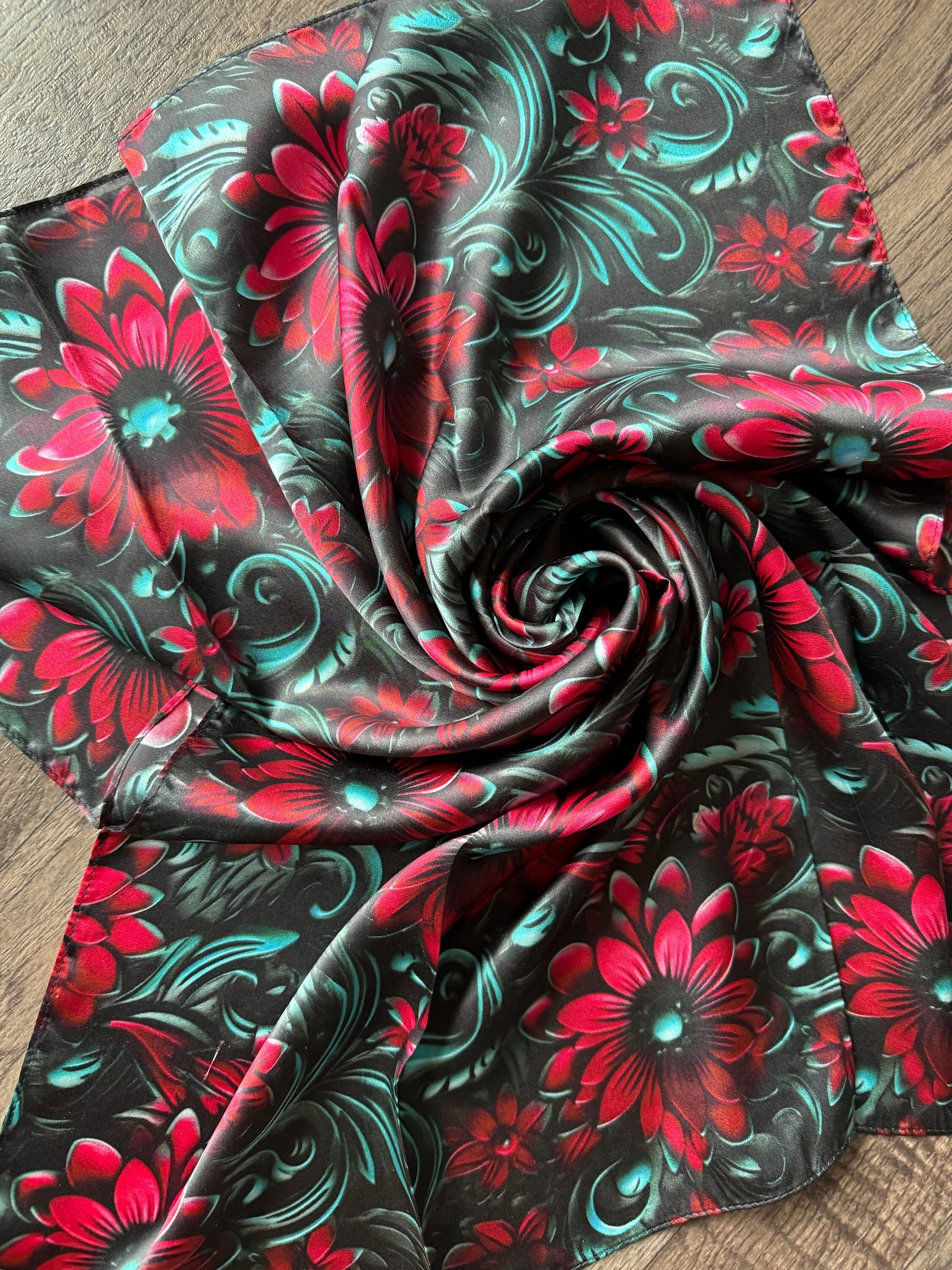 100% Silk Wild Rag Cranberry Red and Teal 3D Floral print by Double B ...