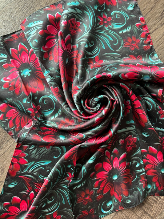 100% Silk Wild Rag Cranberry Red and Teal 3D Floral print by Double B Wild Rags