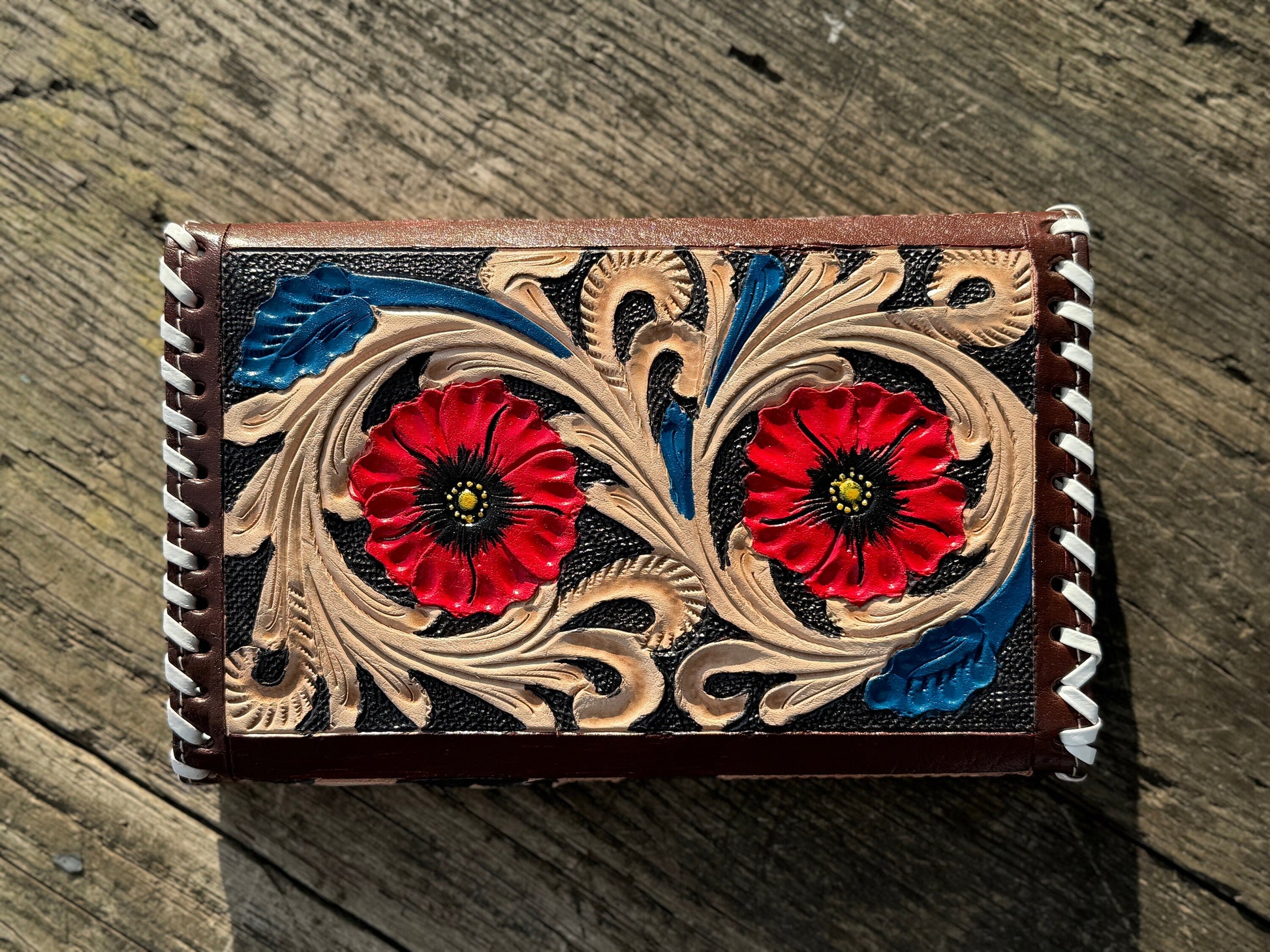 Western Cowgirl Clutch wallet purse painted tooled red and blue floral by Double B Wild Rags