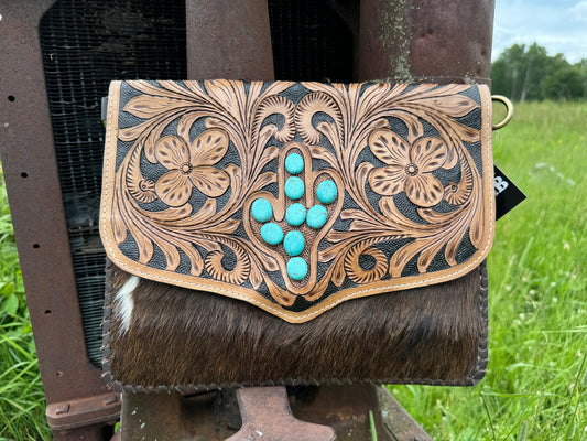 Genuine Western Cowhide Leather Purse with faux turquoise cactus and tooled details by Double B Wild Rags CONCEAL and CARRY