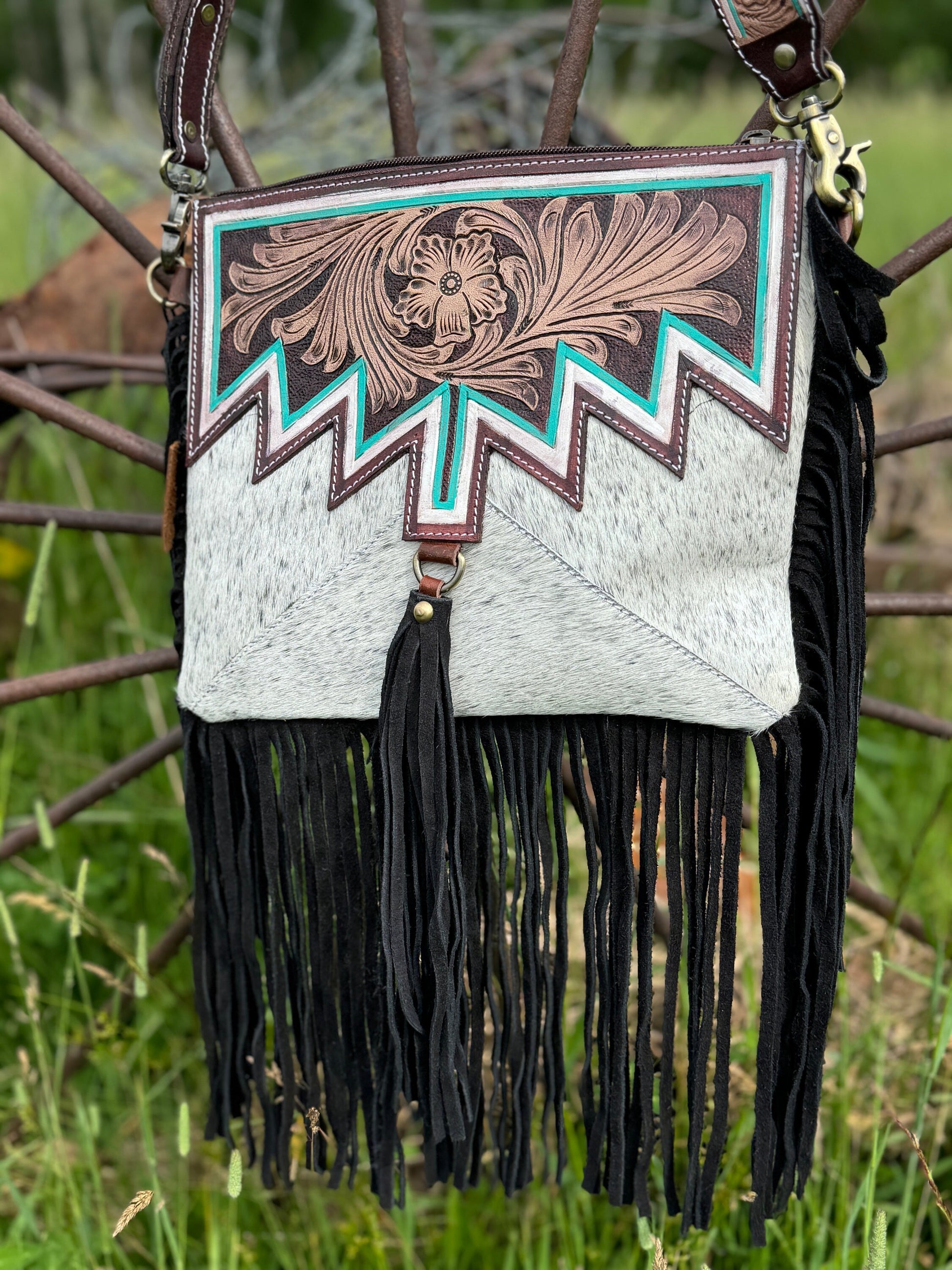 Genuine Western Cowhide Leather Purse and Wallet with jagged painted details and black fringe.