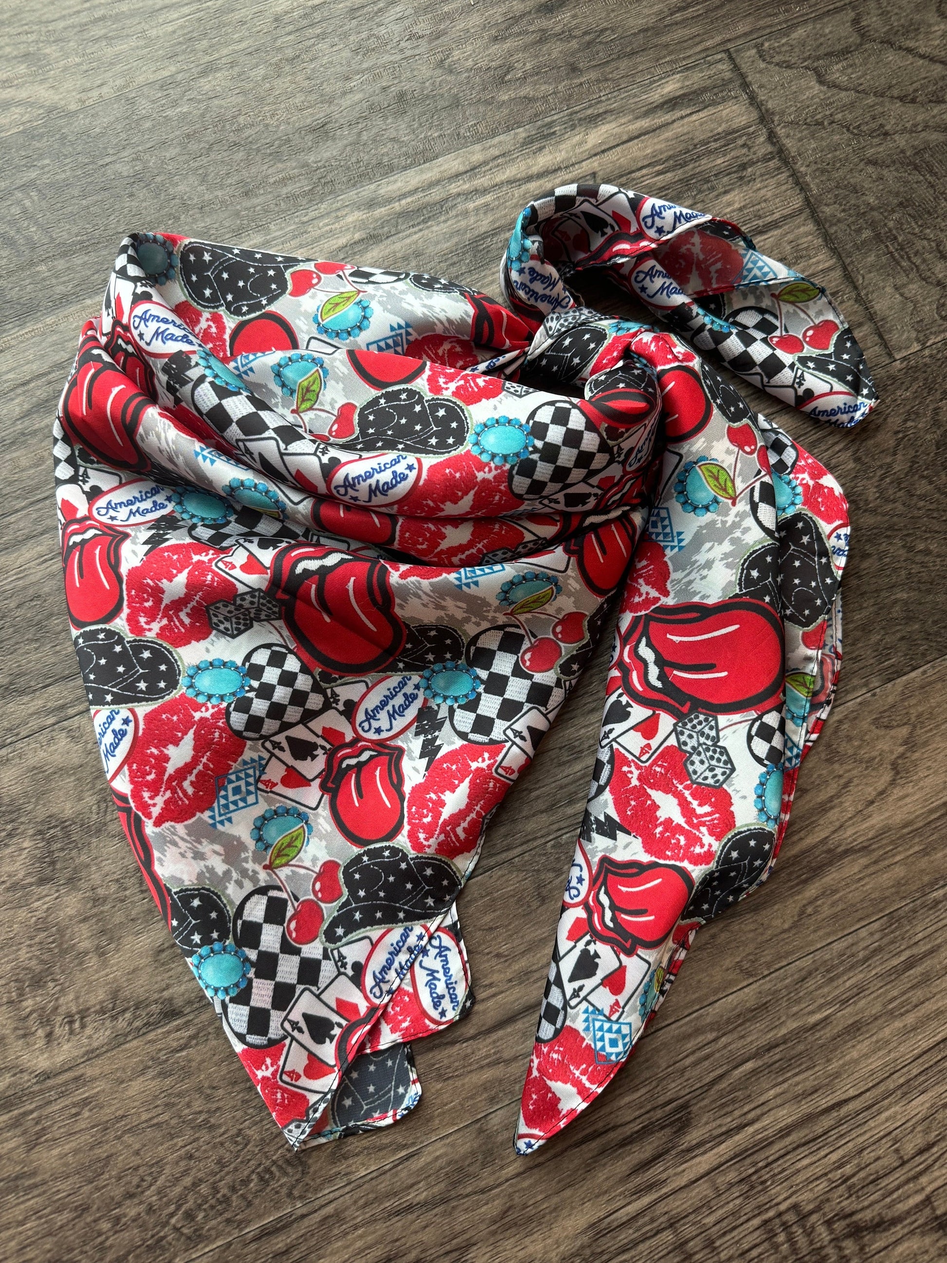 polyester wild rag scarf with trucker hat patches printed on it