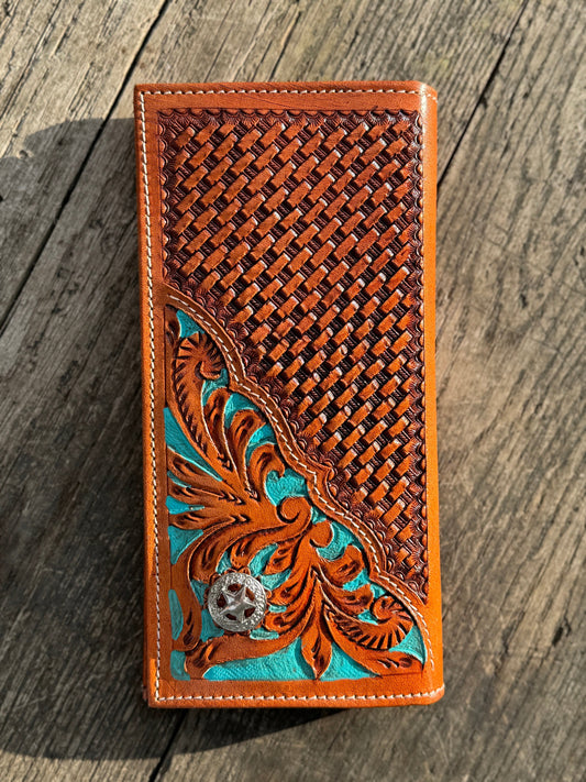 Western Cowboy Checkbook wallet tooled leather with painted turquoise by Double B Wild Rags