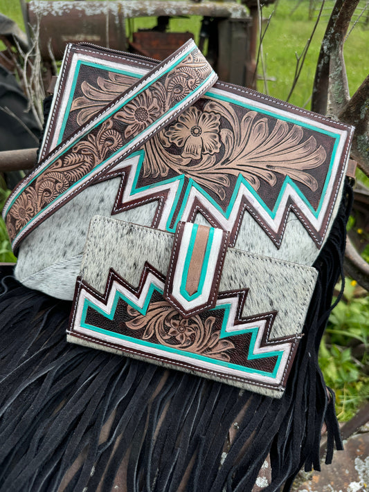 Genuine Western Cowhide Leather Purse and Wallet with jagged painted details and black fringe.
