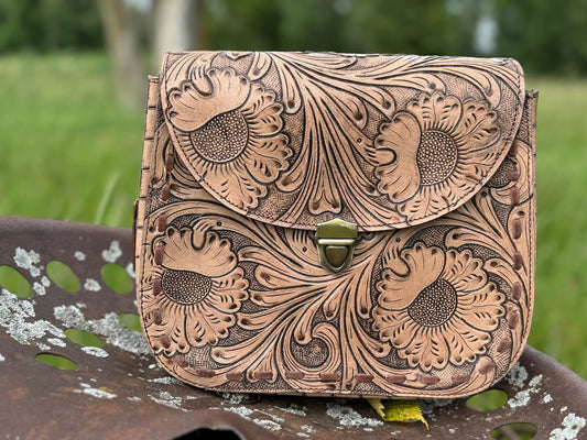 Genuine Western Leather Satchel Purse with Tooled floral details by Double B Wild Rags