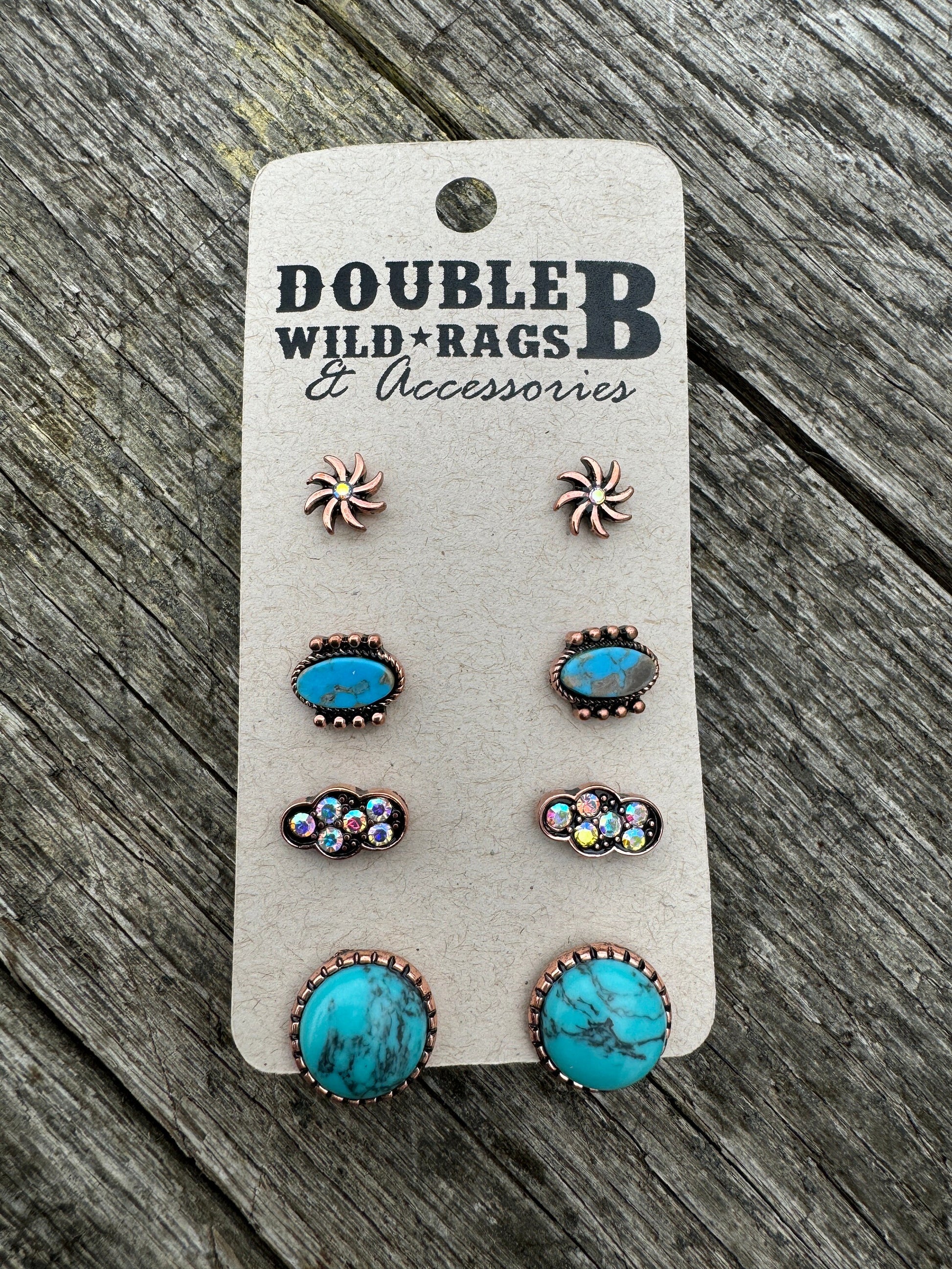 Western faux turquoise and copper stud post earring set of four pairs by Double B Wild Rags