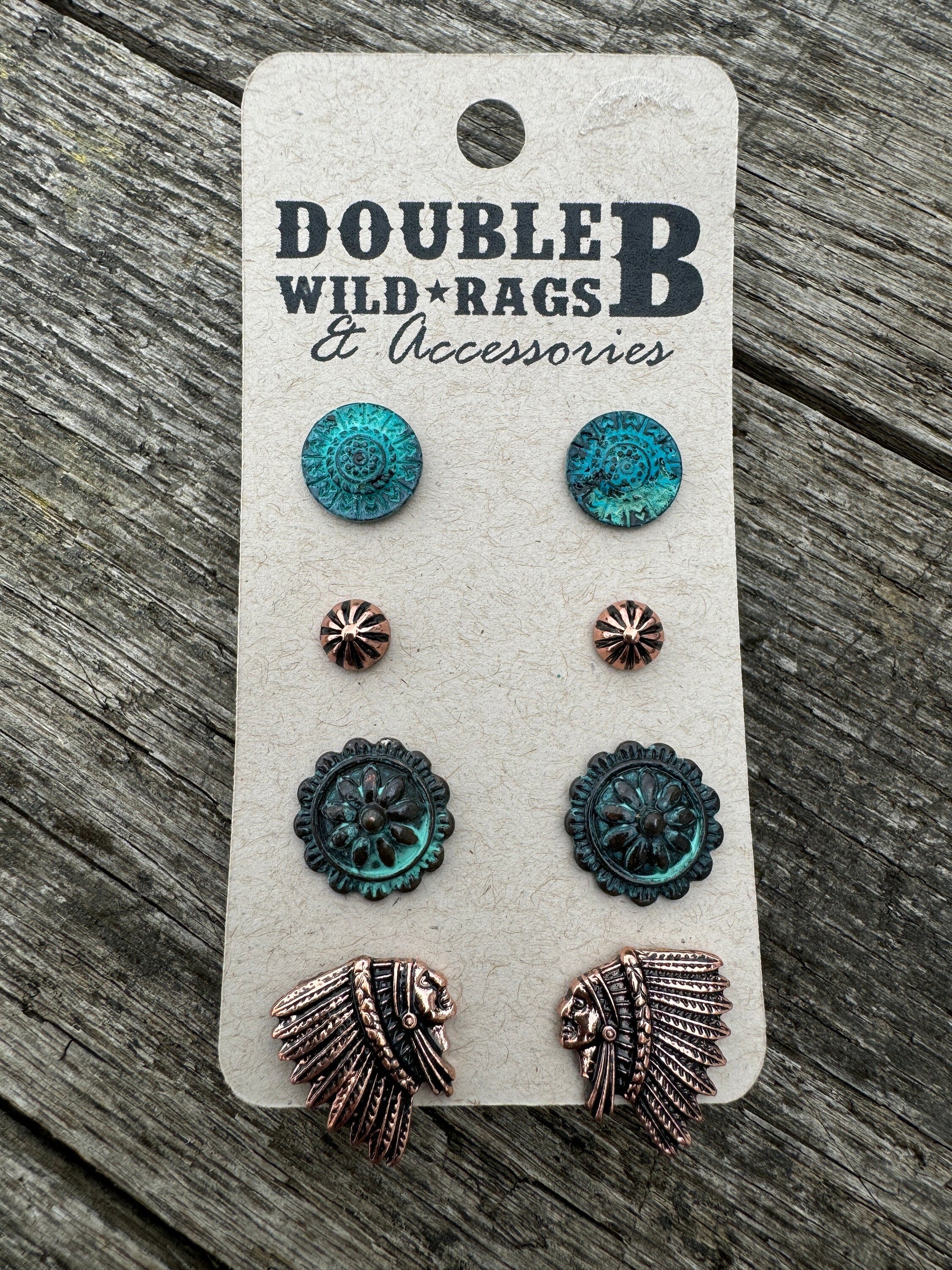 Western faux turquoise and copper stud post earring set of four pairs by Double B Wild Rags