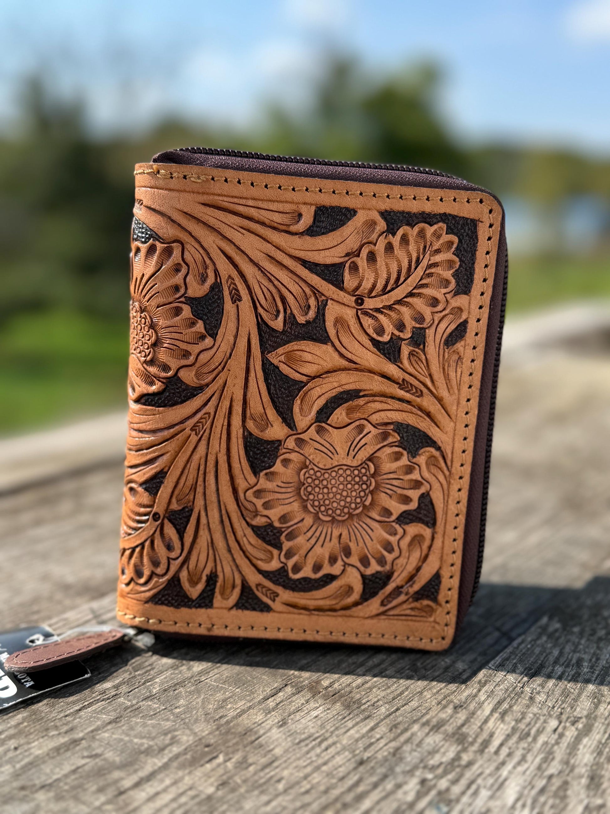 PASSPORT Wallet or Cover western tooled floral feather leather details by Double B Wild Rags